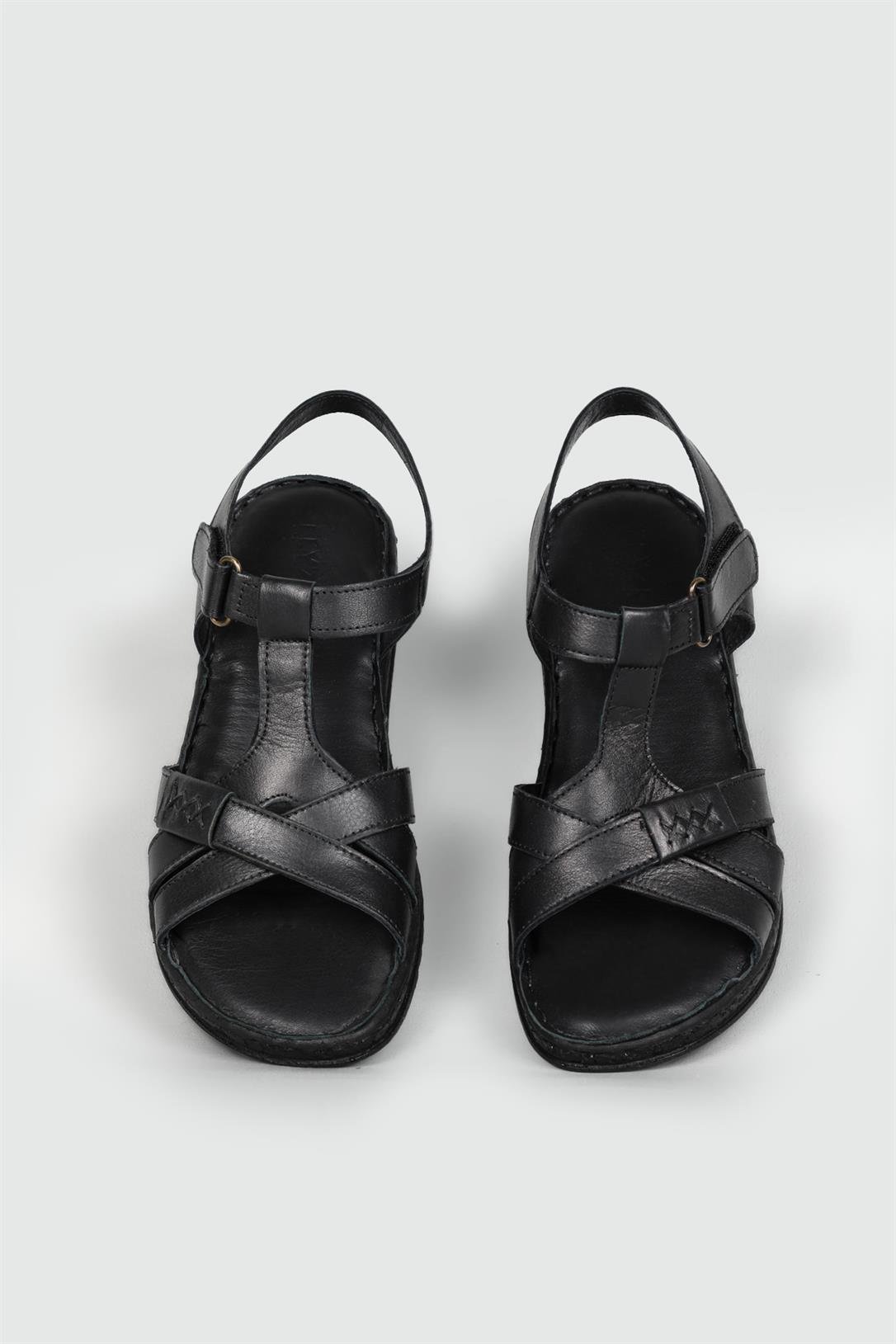 Ortopedik Taban Rahat Cırtlı Siyah Kadın Sandalet 23-D011 Kadın Düz Sandalet Carla Bella My Bella 23-D011 Deri Sandalet