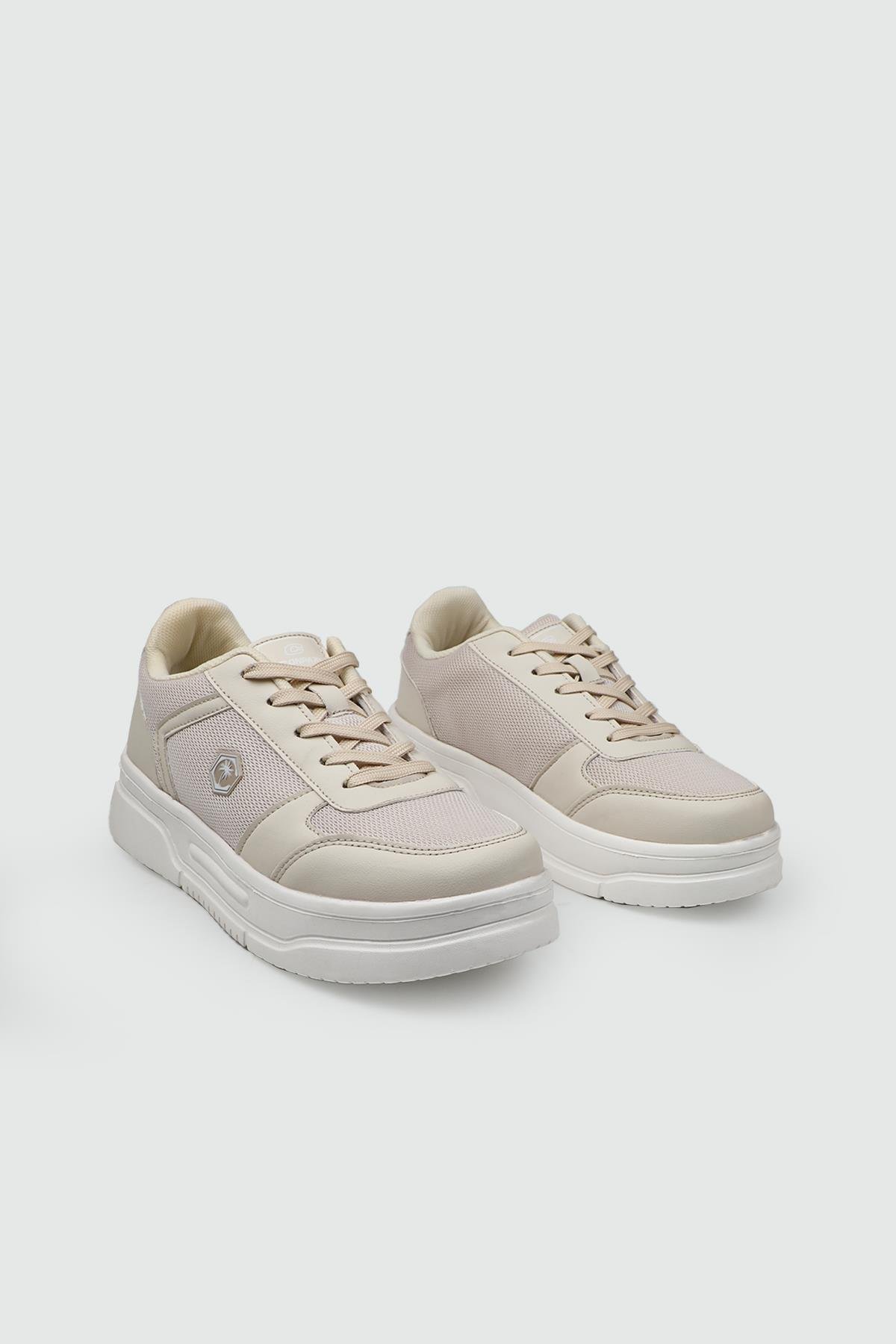 Rahat Bağcıklı Sneaker Bej Beyaz Kadın Spor Ayakkabı CONPAX 5959 Kadın Günlük Ayakkabı Conpax CONPAX 25Y 5959