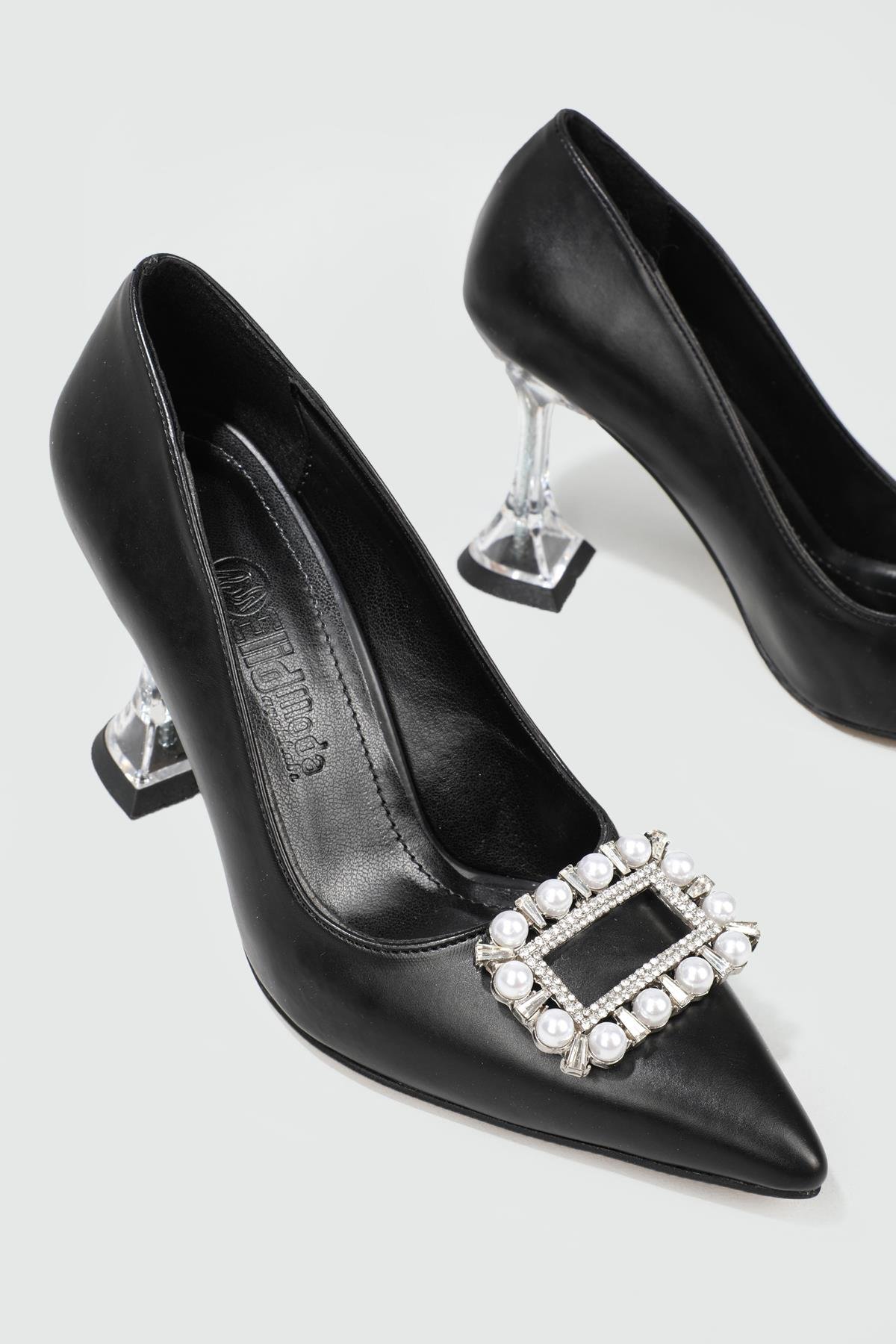 Şeffaf 9 cm Topuklu İnci Tokalı Stiletto Siyah Kadın Ayakkabı EM-502 Kadın Stiletto Carla Bella MY BELLA EM-502 Stiletto 22Y