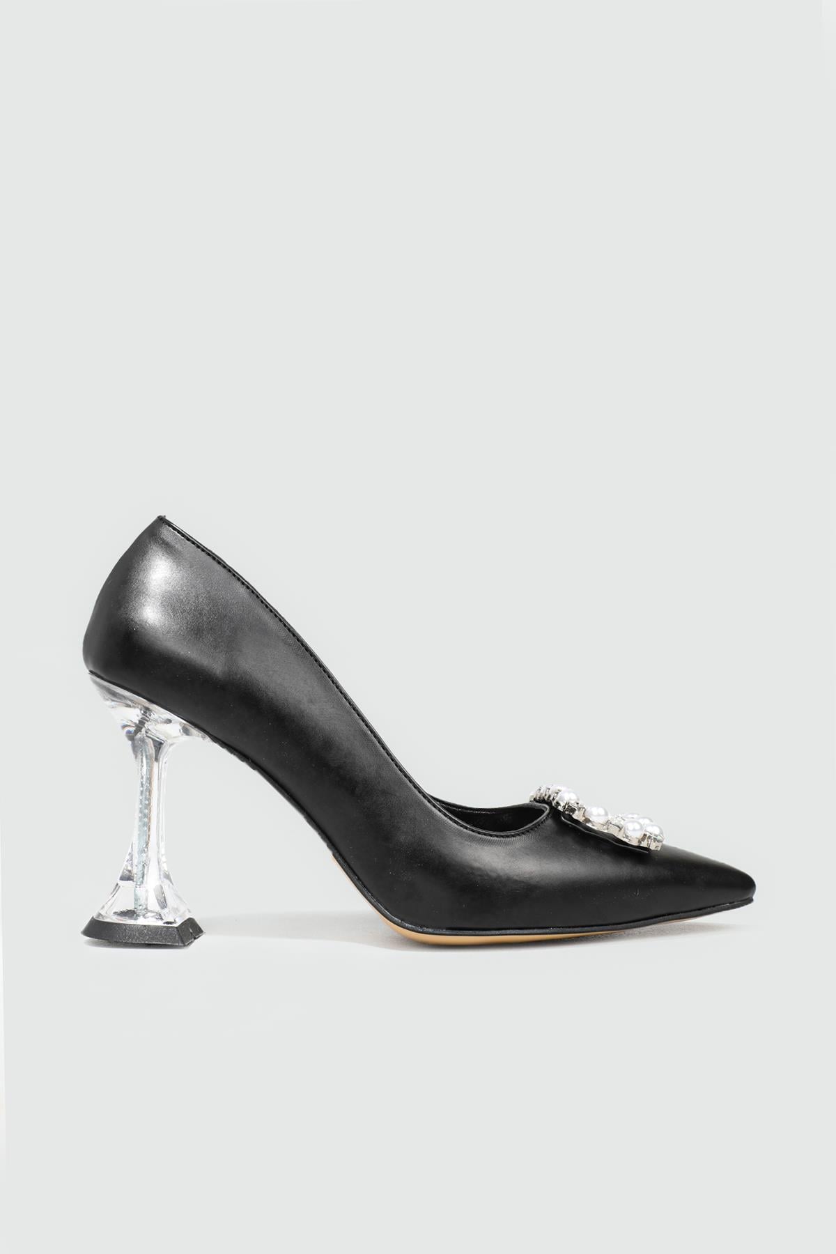 Şeffaf 9 cm Topuklu İnci Tokalı Stiletto Siyah Kadın Ayakkabı EM-502 Kadın Stiletto Carla Bella MY BELLA EM-502 Stiletto 22Y