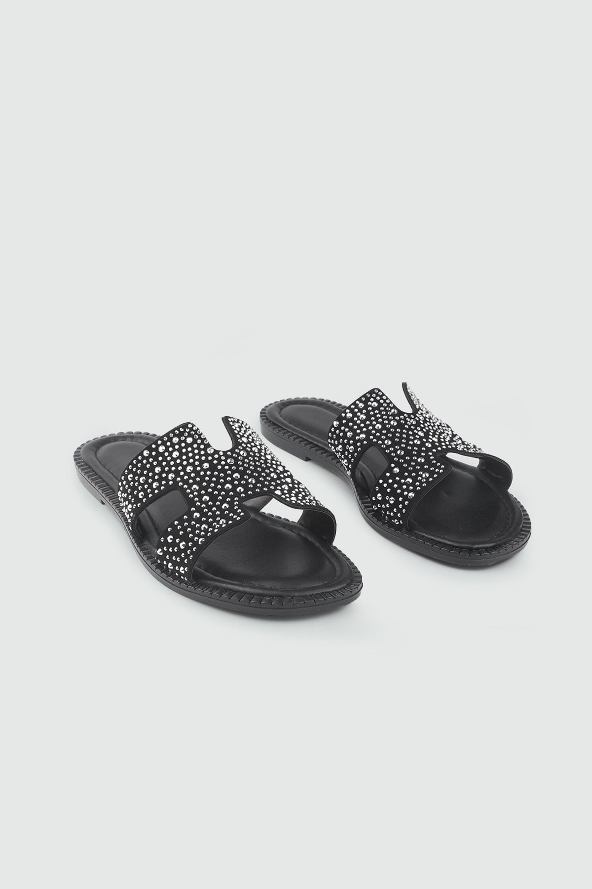 Taşlı Düz Taban Siyah Gümüş Kadın Terlik My Bella SDY-117 Kadın Günlük Terlik MyBella My Bella SDY-117 Kadın 26Y