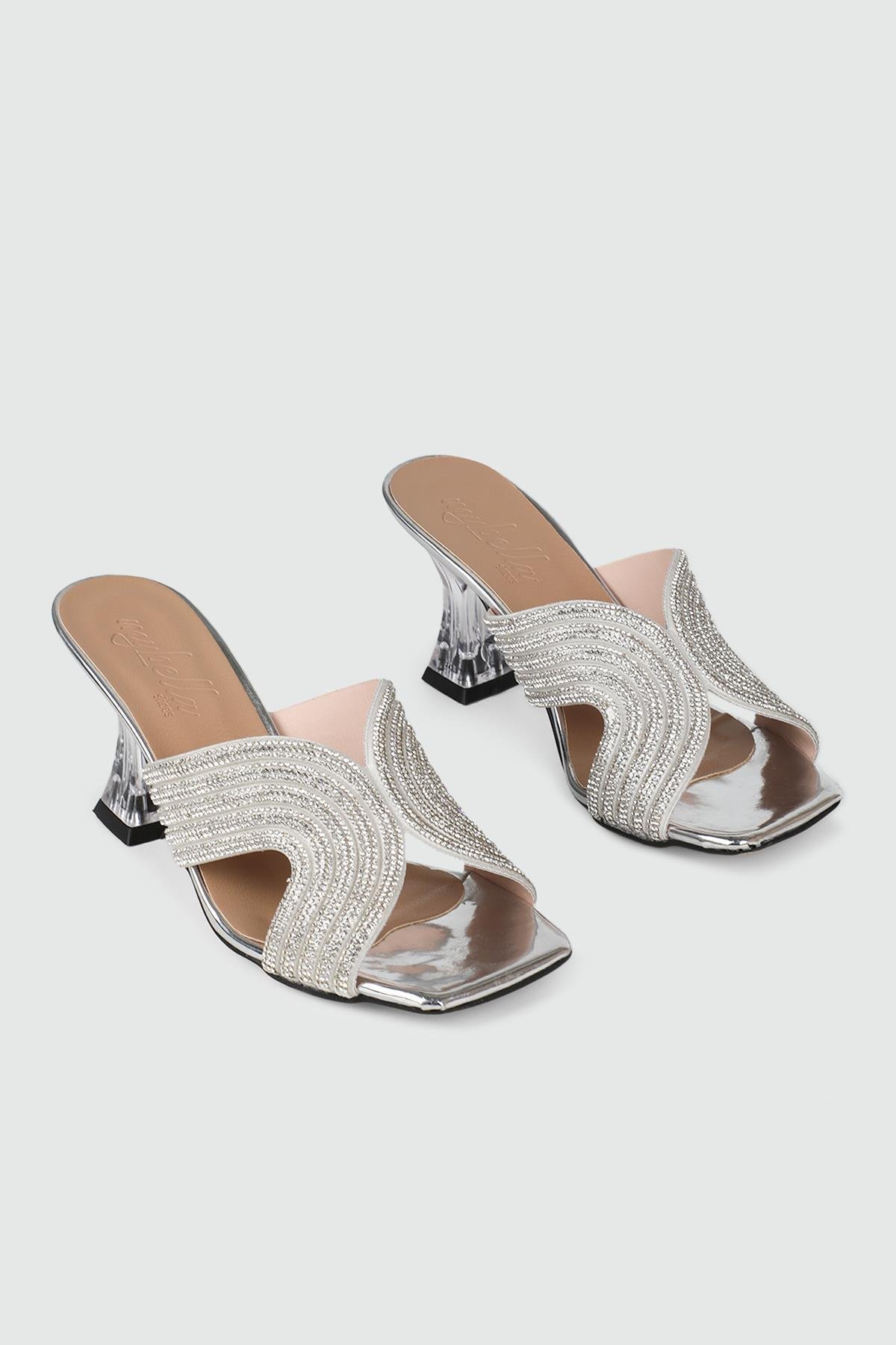 Taşlı Topuklu Abiye Terlik Gümüş Ayna Kadın Ayakkabı SH-KLB Kadın Yüksek Topuklu Carla Bella My Bella SH-KLB 24Y