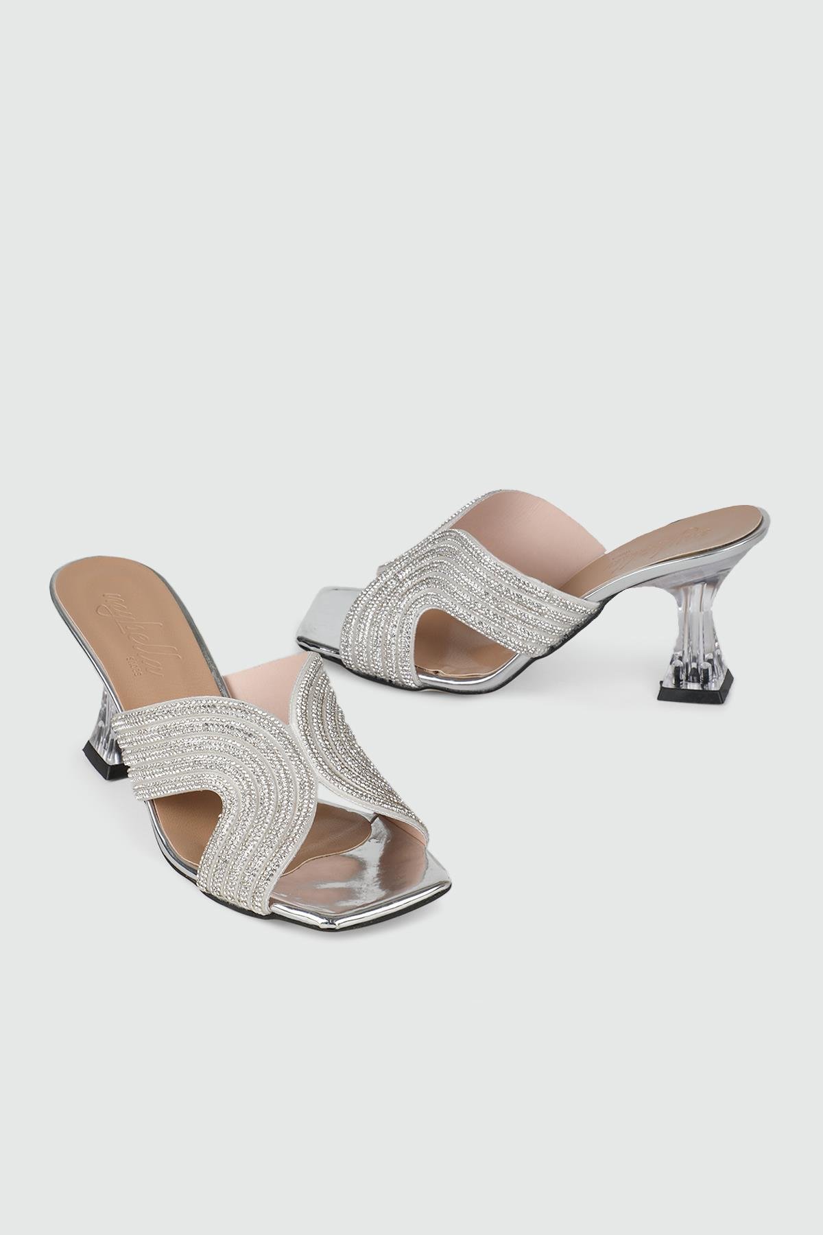 Taşlı Topuklu Abiye Terlik Gümüş Ayna Kadın Ayakkabı SH-KLB Kadın Yüksek Topuklu Carla Bella My Bella SH-KLB 24Y