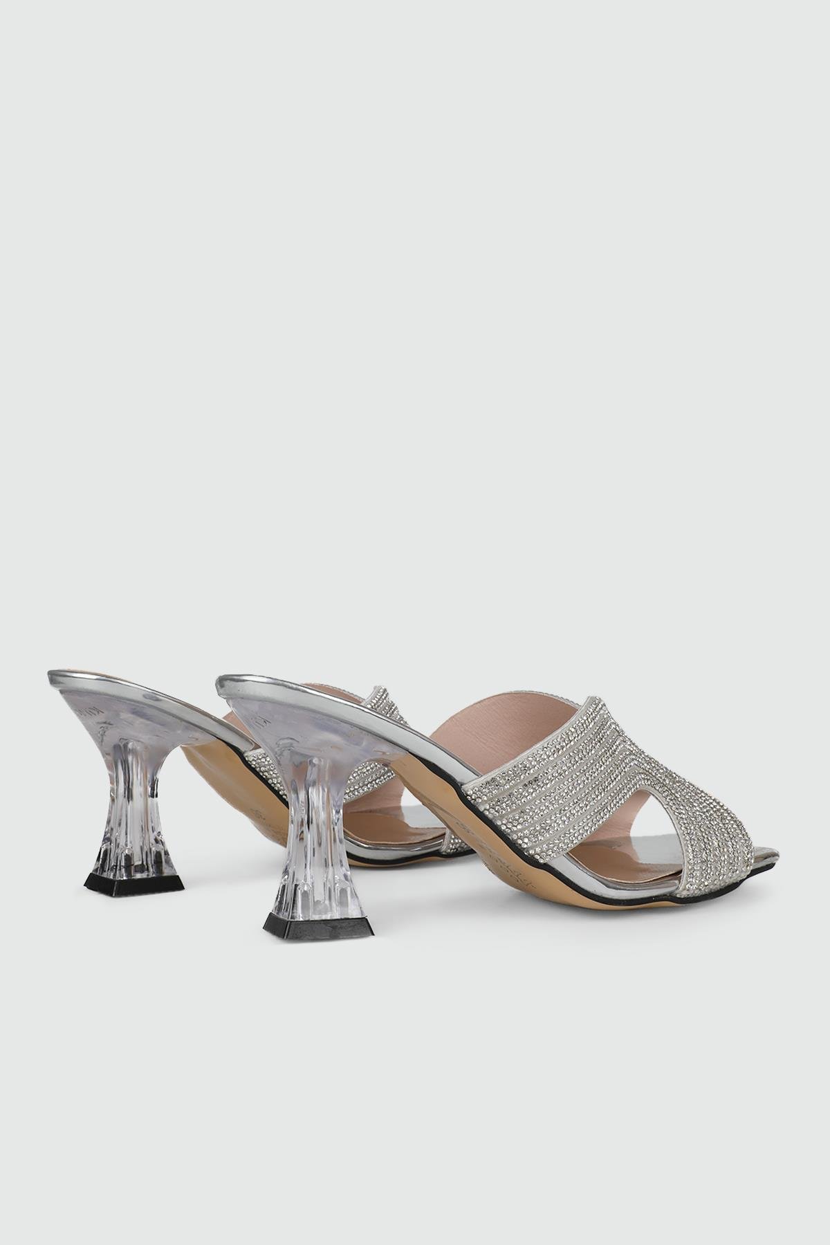 Taşlı Topuklu Abiye Terlik Gümüş Ayna Kadın Ayakkabı SH-KLB Kadın Yüksek Topuklu Carla Bella My Bella SH-KLB 24Y
