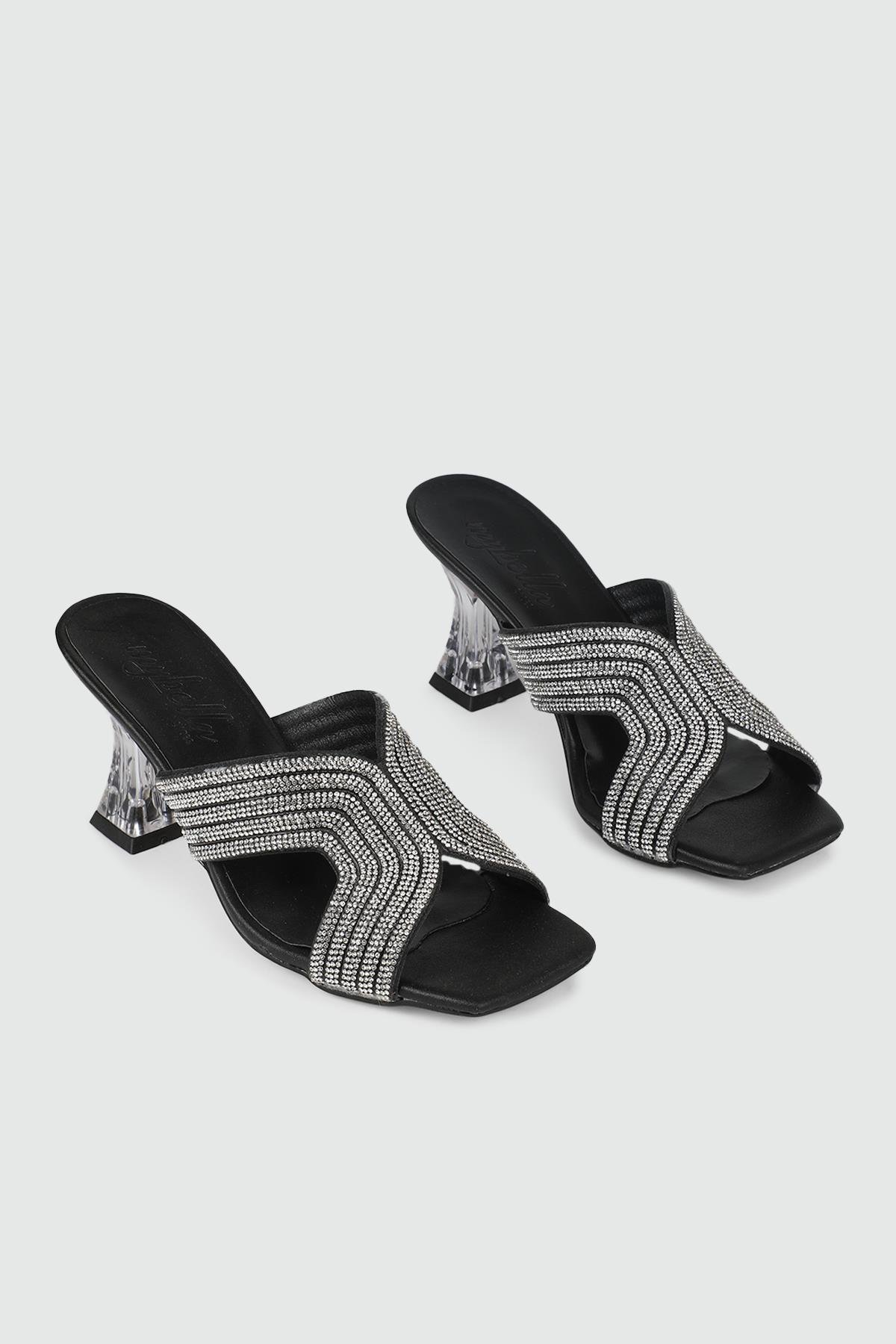 Taşlı Topuklu Abiye Terlik Siyah Kadın Ayakkabı SH-KLB Kadın Yüksek Topuklu Carla Bella My Bella SH-KLB 24Y