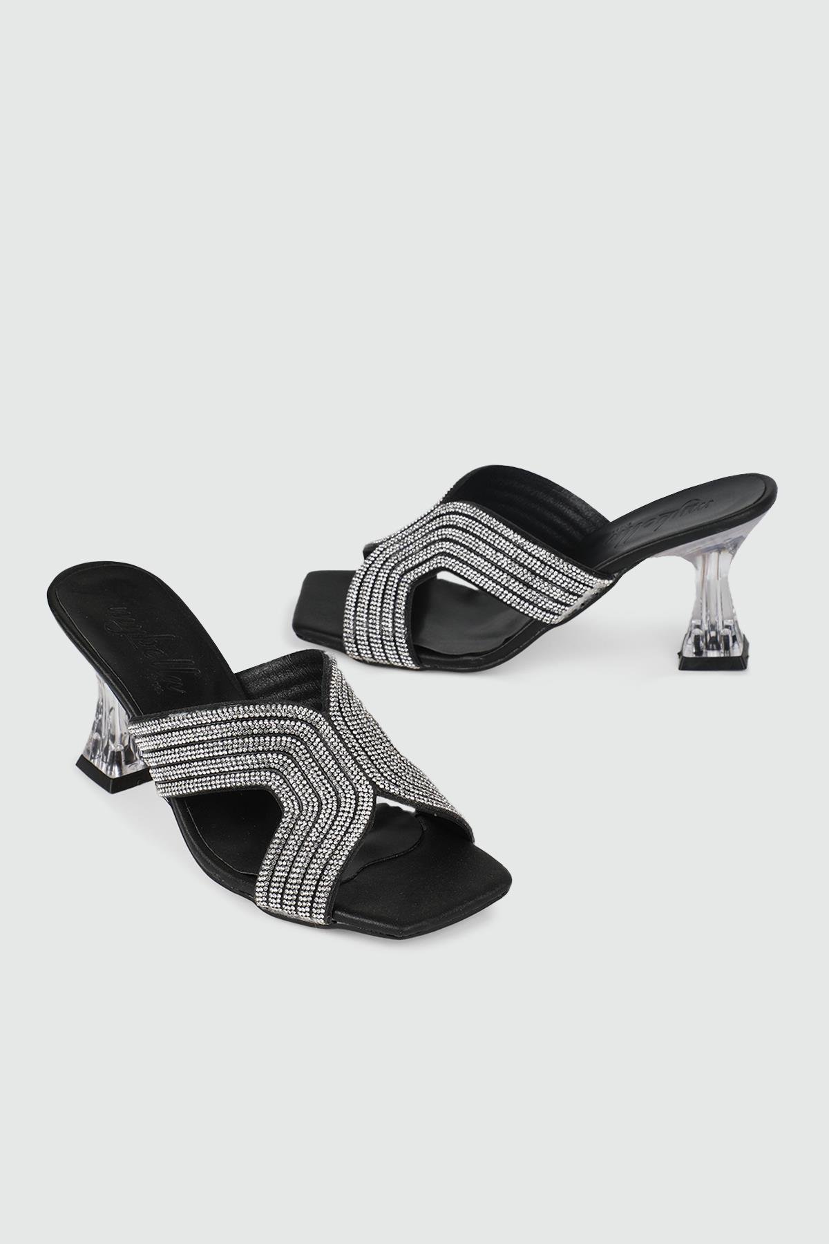 Taşlı Topuklu Abiye Terlik Siyah Kadın Ayakkabı SH-KLB Kadın Yüksek Topuklu Carla Bella My Bella SH-KLB 24Y