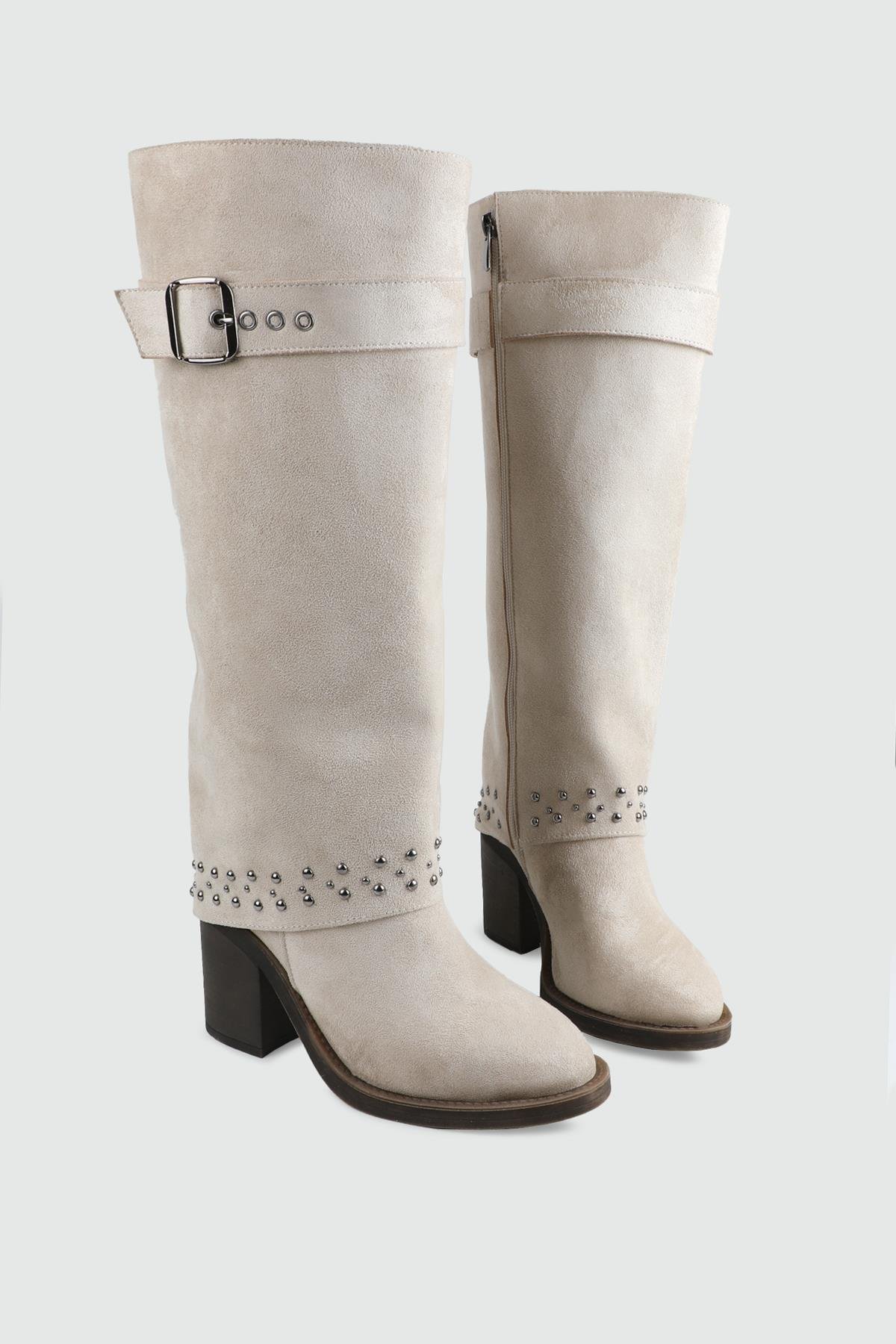 Troklu Fermuarlı Uzun Bej Süet Kemer Detaylı Kadın Çizme My Bella GK-801 Kadın Çizme MY BELLA My Bella GK-801 Kadın 25K