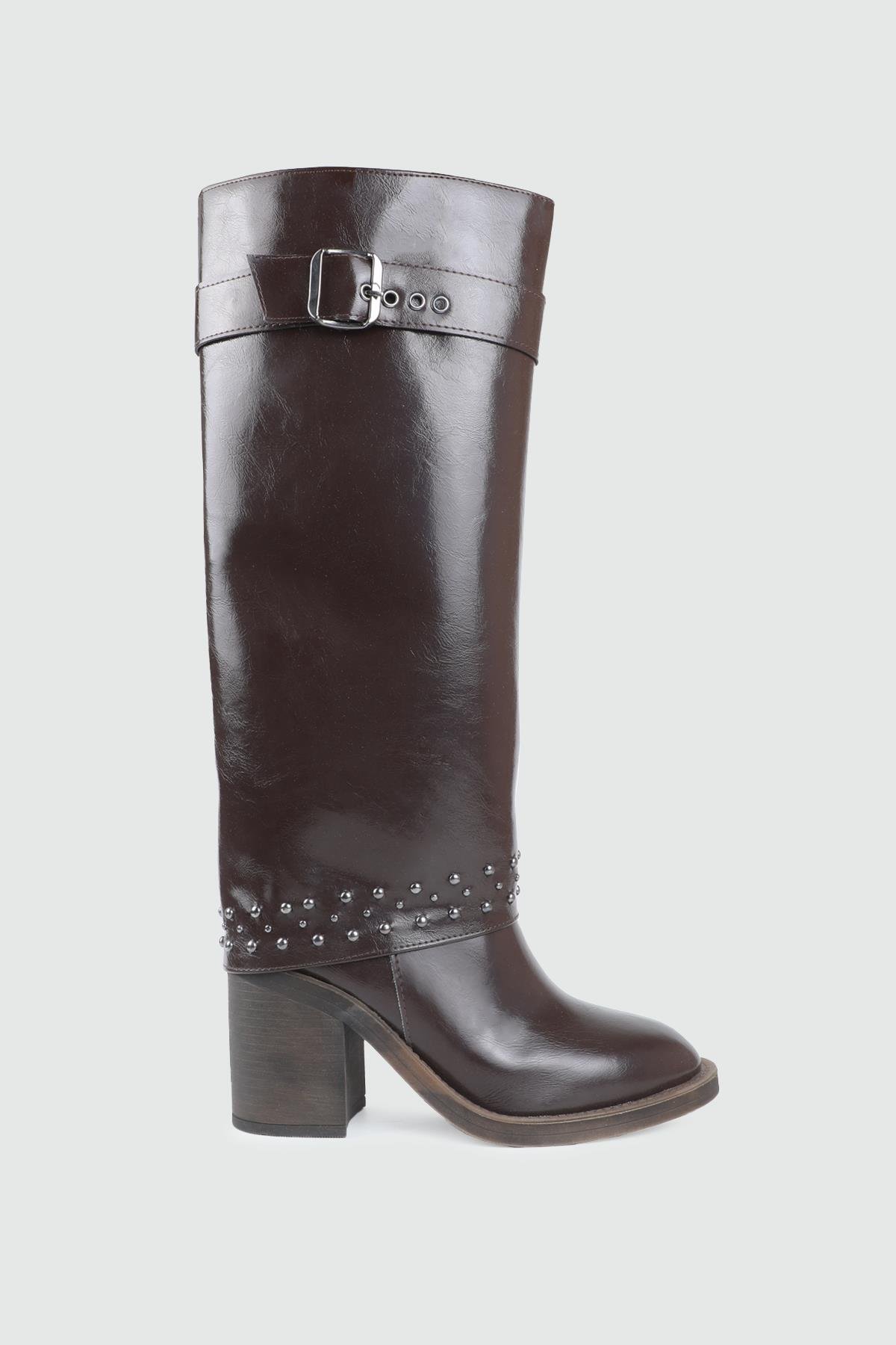 Troklu Fermuarlı Uzun Kahve Kırışık Rugan Kemer Detaylı Kadın Çizme My Bella GK-801 Kadın Çizme MY BELLA My Bella GK-801 Kadın 25K