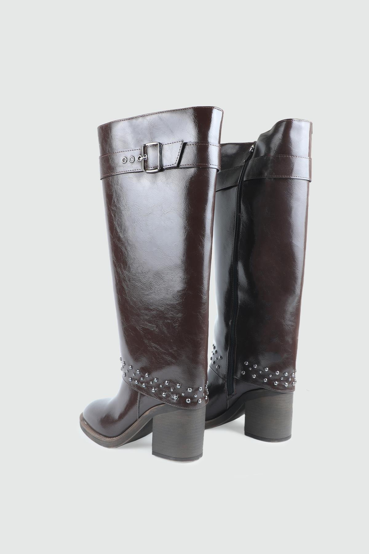 Troklu Fermuarlı Uzun Kahve Kırışık Rugan Kemer Detaylı Kadın Çizme My Bella GK-801 Kadın Çizme MY BELLA My Bella GK-801 Kadın 25K