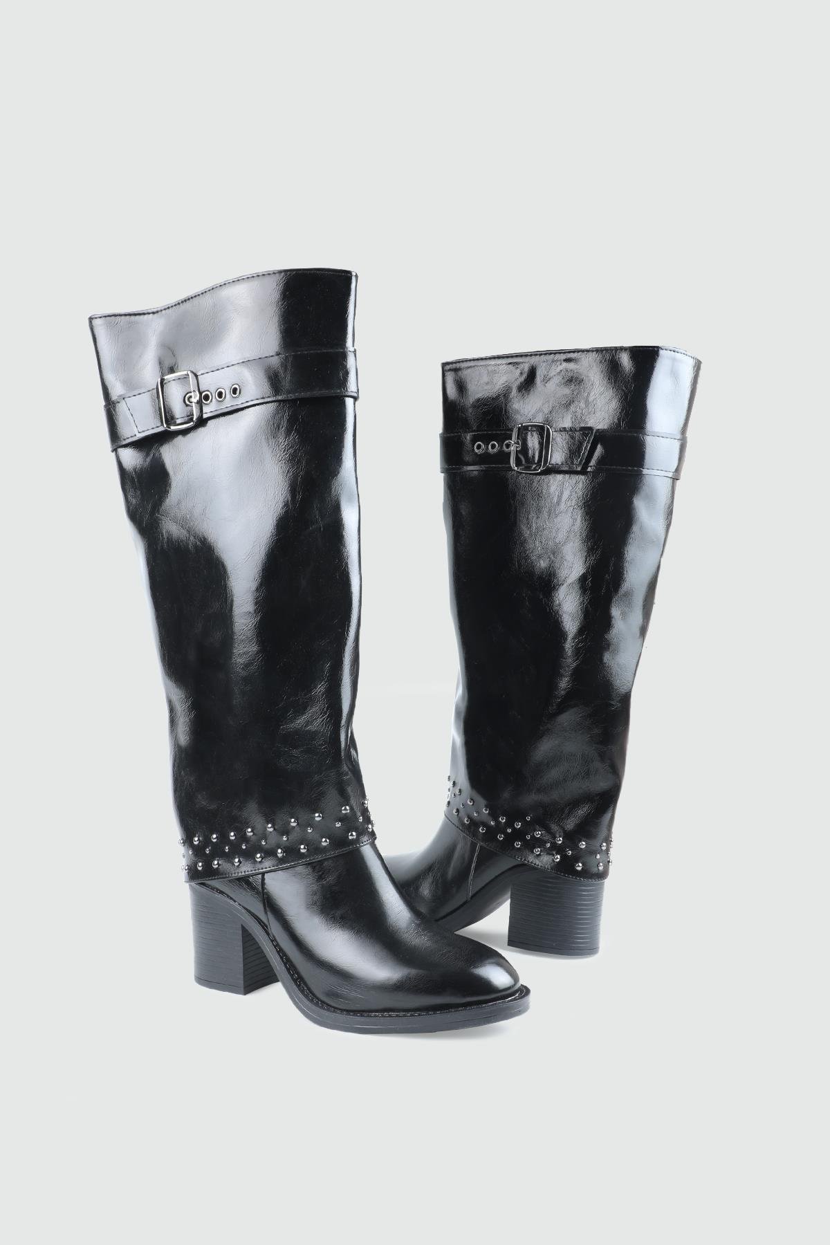 Troklu Fermuarlı Uzun Siyah Kırışık Rugan Kemer Detaylı Kadın Çizme My Bella GK-801 Kadın Çizme MY BELLA My Bella GK-801 Kadın 25K