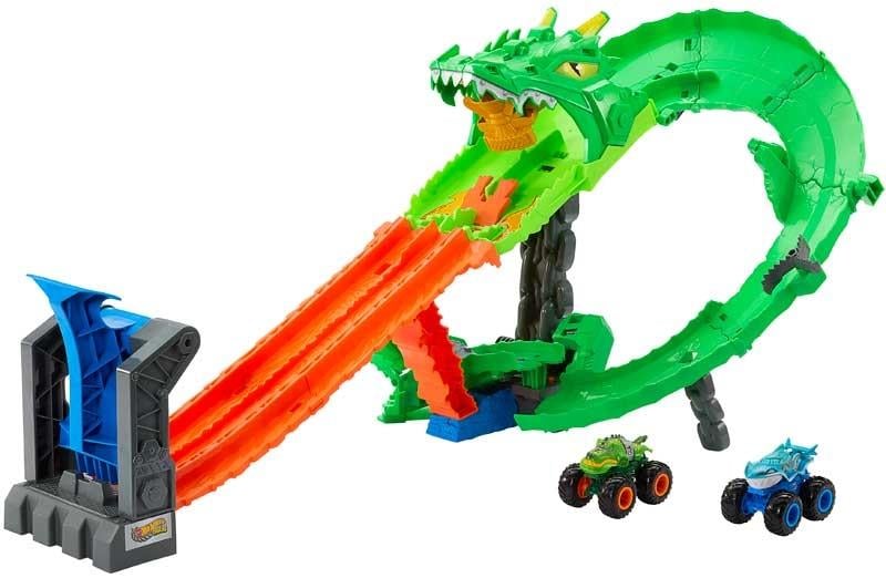 HOT WHEELS MONSTER TRUCKS KOPEK BALIGI VE KORKUNC EJDERHAYA KARSI OYUN SETI JFR06 Diğer JFR06
