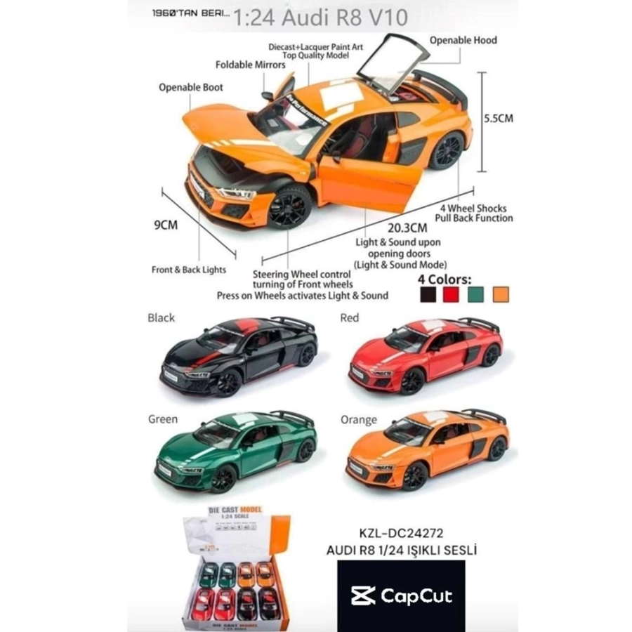 Audi R8 1:24 Işıklı Sesli Kapı Açılır Model Araç DC24272 Kızılkaya KZL DC24272