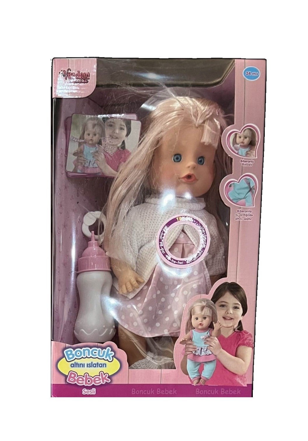Vardem 30 cm Sesli Emzikli ve Biberonlu Altını Islatan Boncuk Bebek Pembe Beyaz Hırka Vardem LD9706K-G PB