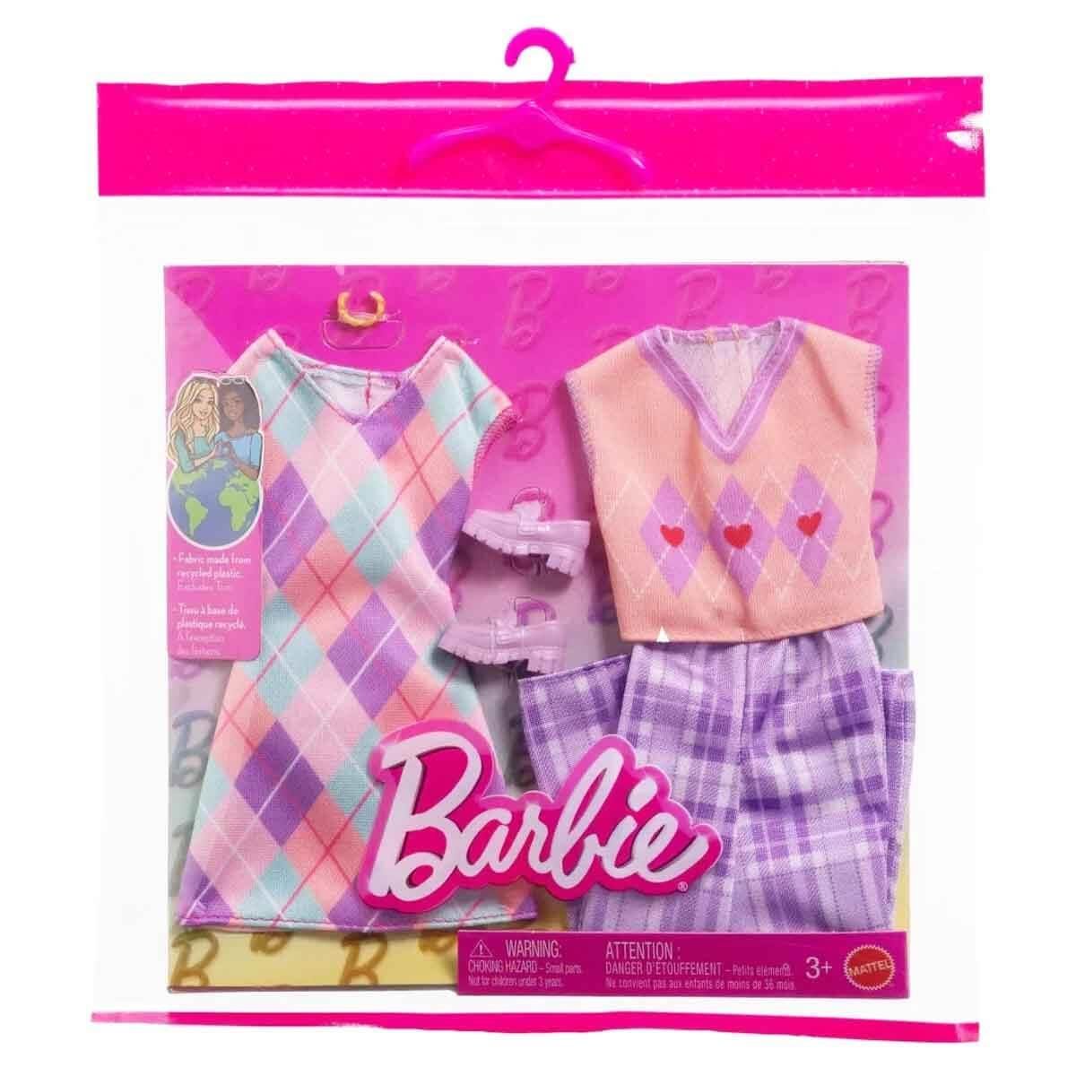 Barbie'nin Kıyafetleri 2li Paket Renkli Kare Desenli Elbise GWF04-HYV06 Barbie HYV06