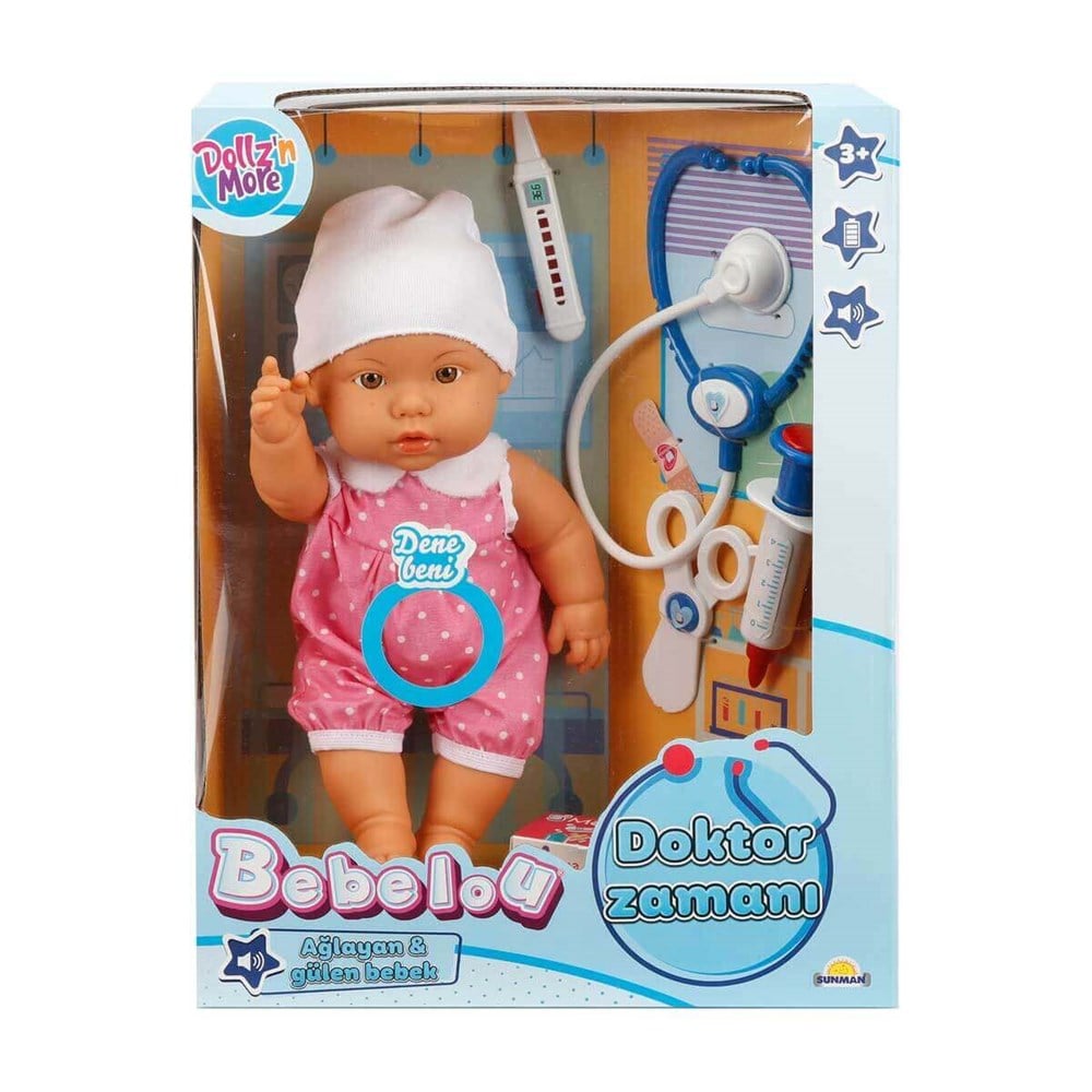 Bebelou Doktor Zamanı Sesli Bebek 35 Cm Pembe Sunman S01030111 P