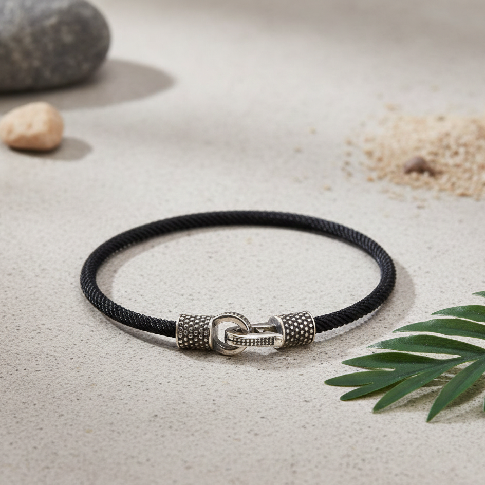 Leather Cool SeriesCMC1382Siyah Gümüş İp Bileklik