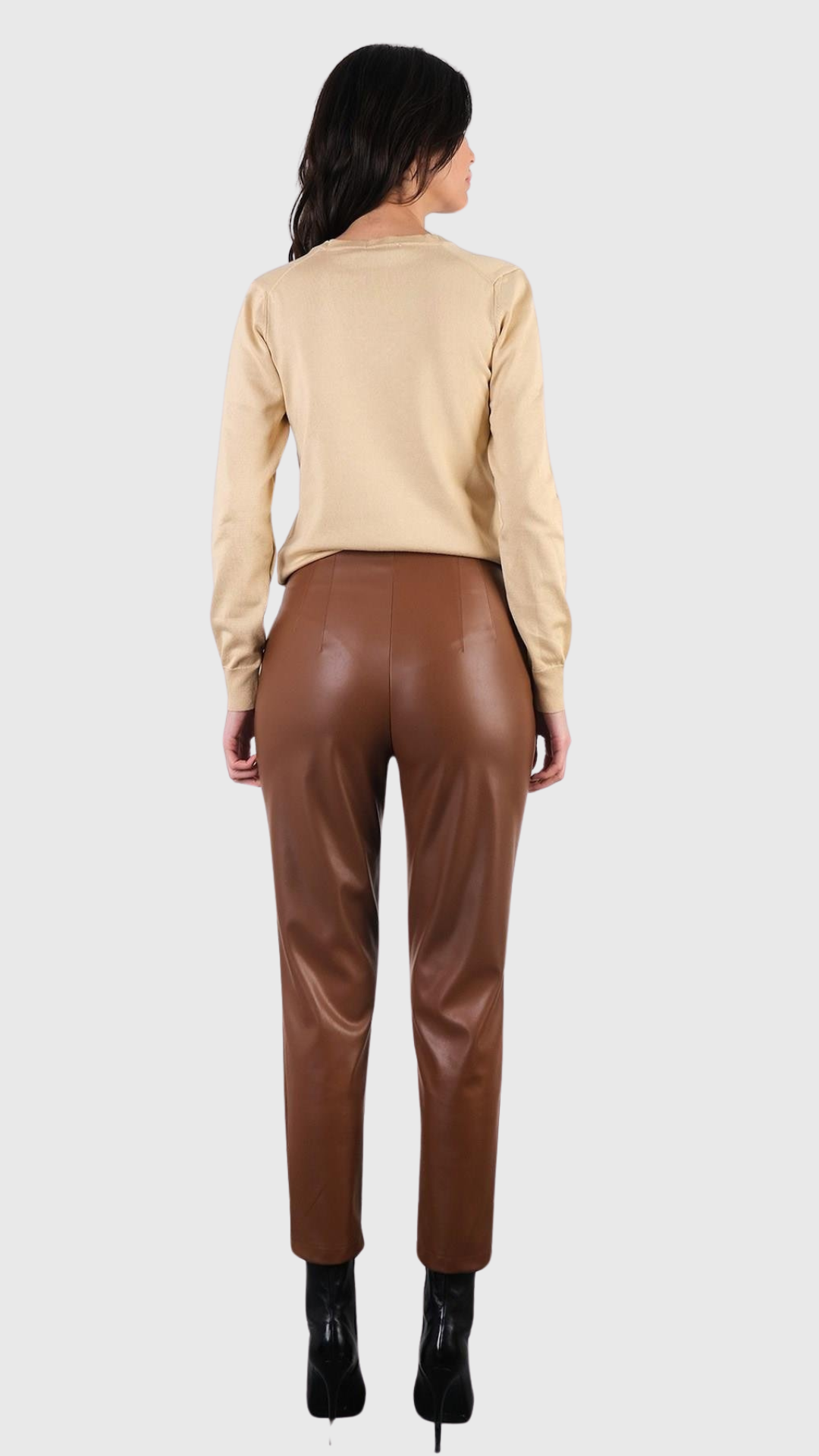 Amore Yüksek Bel Kemersiz Pensli Deri Pantolon TABA