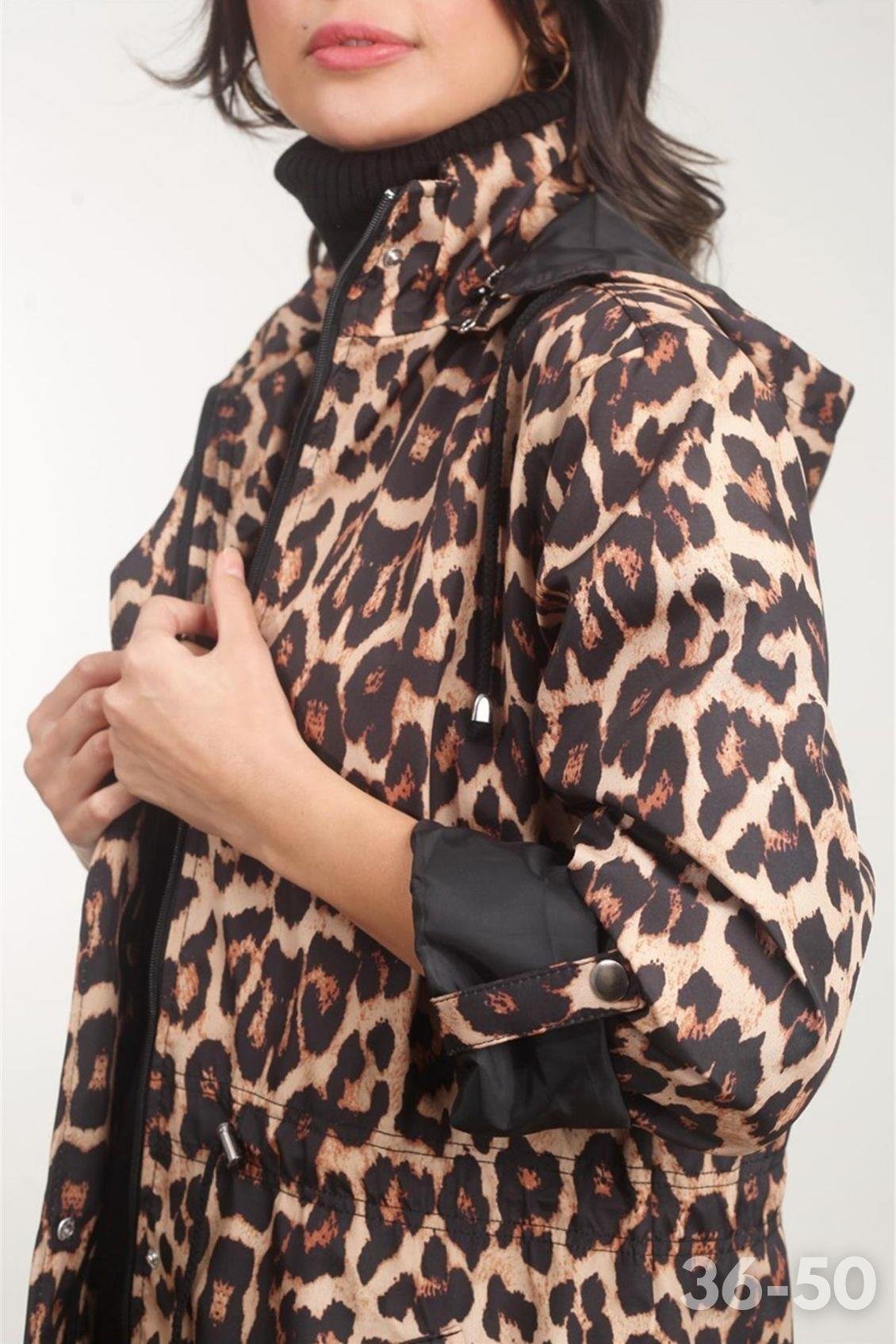 Fleana Leopar Desenli Kapüşonlu Mevsimlik Parka SİYAH