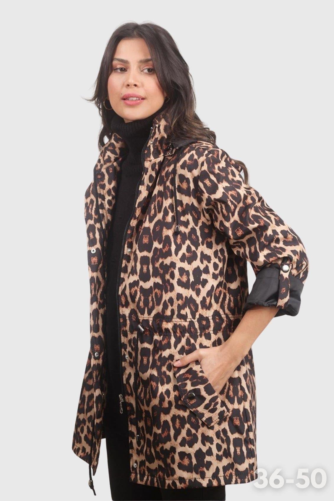 Fleana Leopar Desenli Kapüşonlu Mevsimlik Parka SİYAH