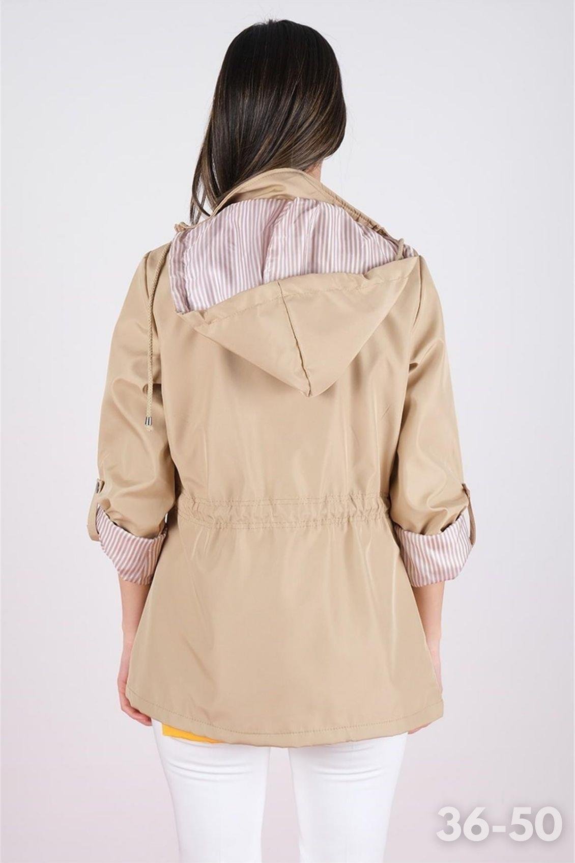 Goudot Kapüşonlu Mevsimlik Parka – Beli Büzgülü, Çıtçıt Detaylı CAMEL