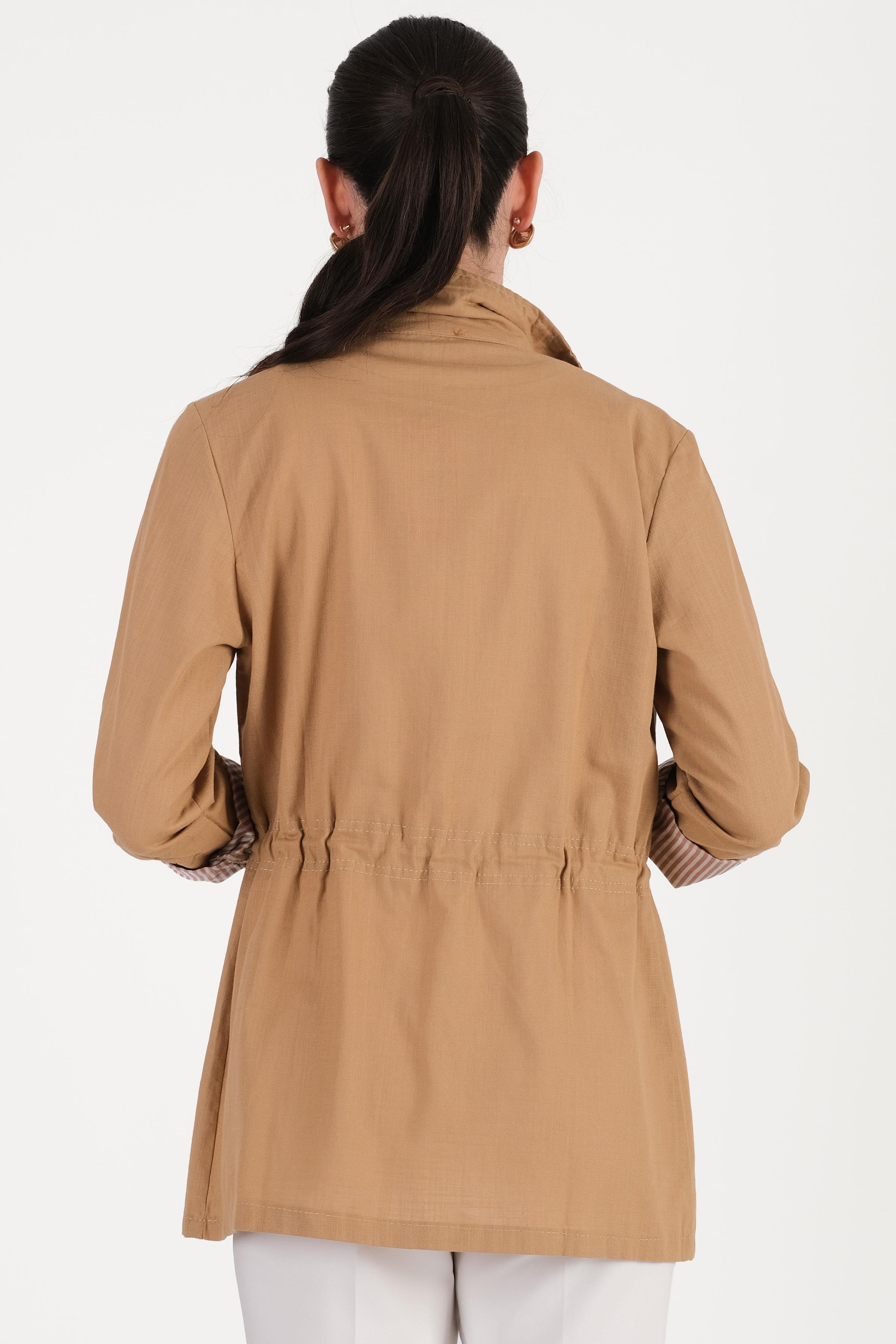 Oriente Dik Yaka Fermuarlı Çıtçıtlı Kaban CAMEL