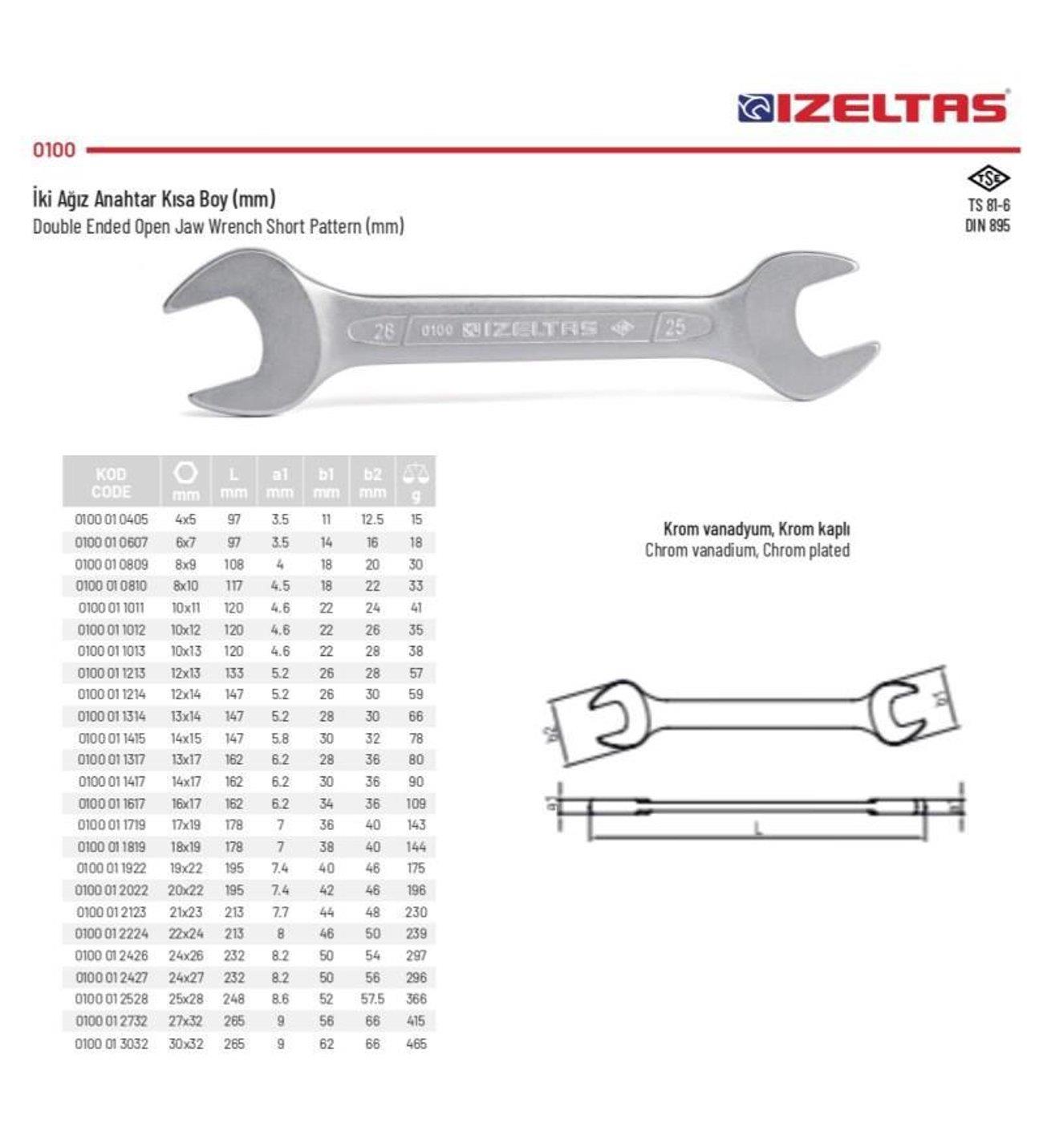 İzeltaş İki Ağız Anahtar Kısa Boy 10x11mm - 0100 01 1011