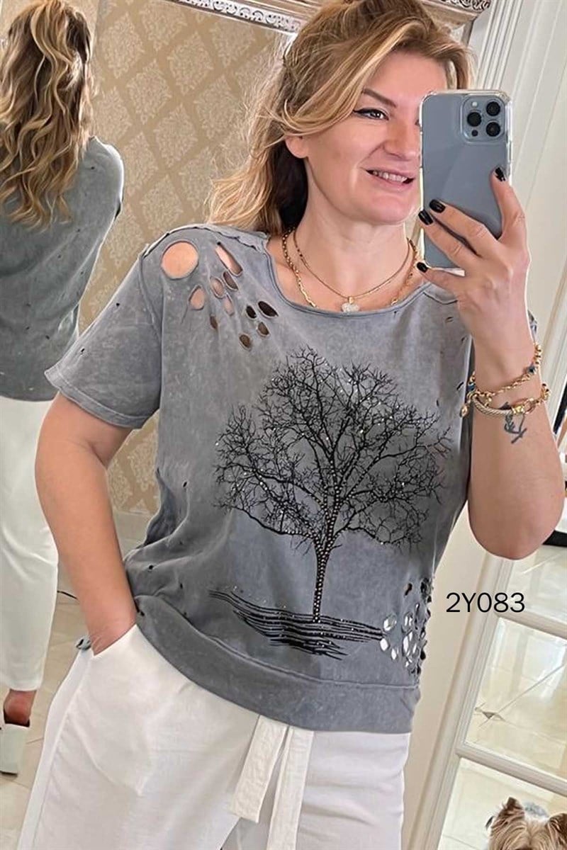 Ağaç Baskılı Yıkamalı Kumaş Tshirt