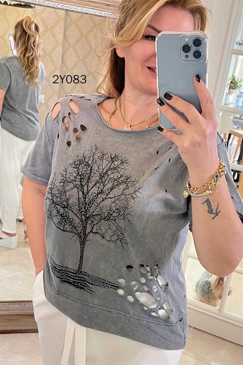 Ağaç Baskılı Yıkamalı Kumaş Tshirt