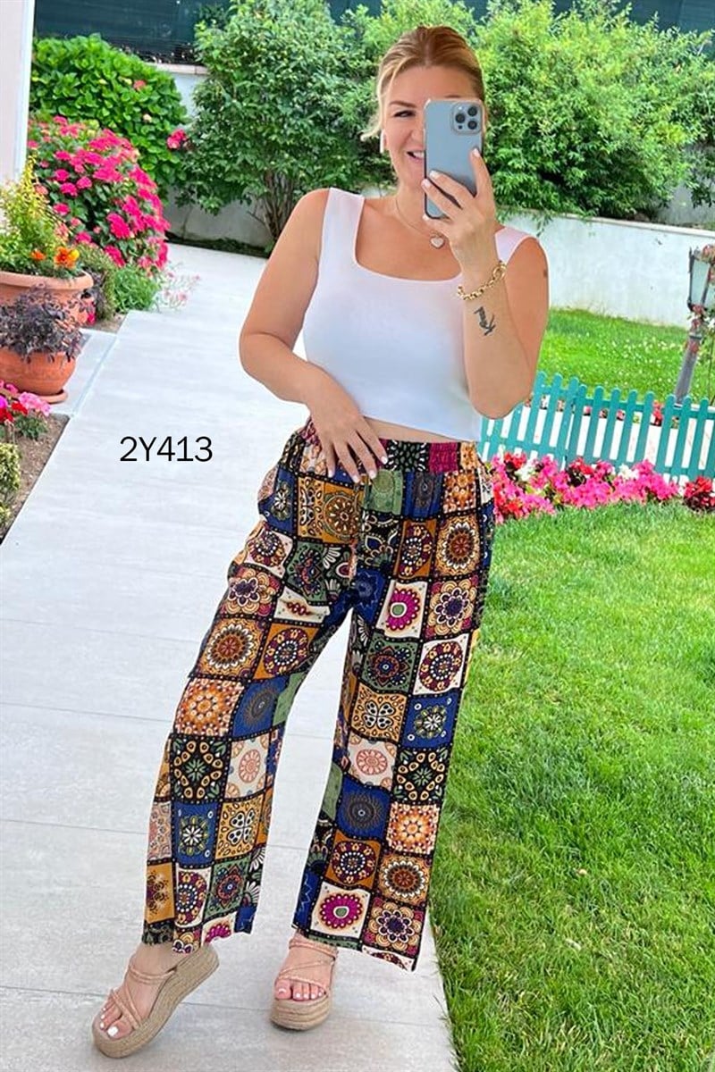 Beli Lastikli Desenli Pantolon