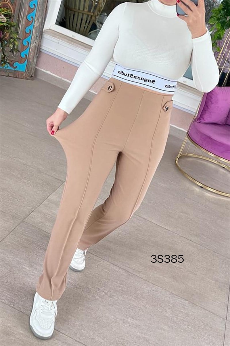 Beli Lastikli Yandan Fermuarlı Krep Pantolon