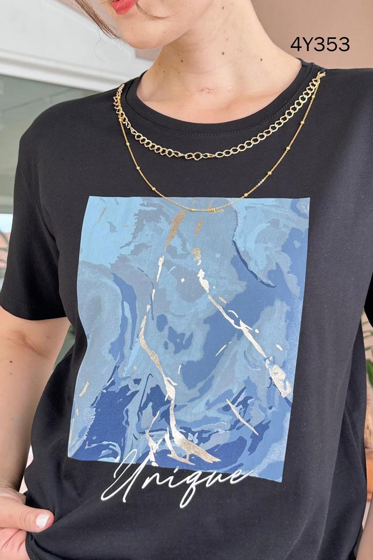 Bisiklet Yaka Baskılı Kolyeli Tshirt