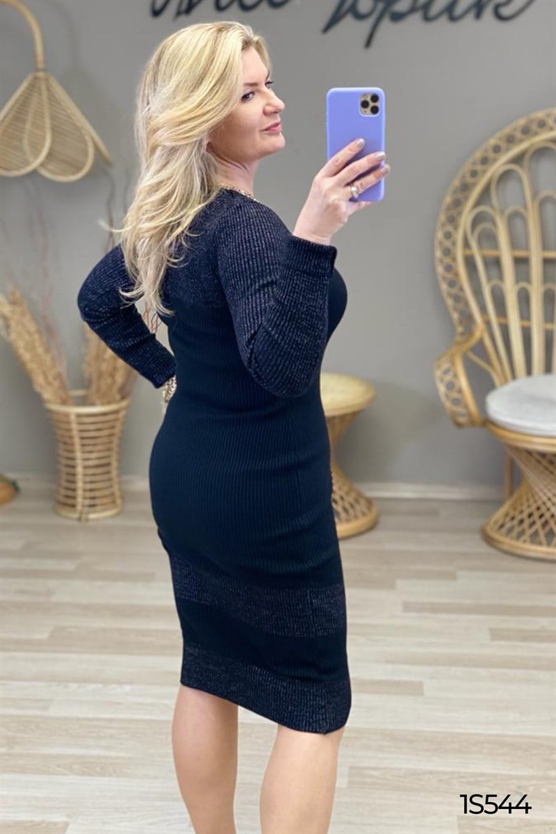 Bisiklet Yaka Simli Triko Elbise