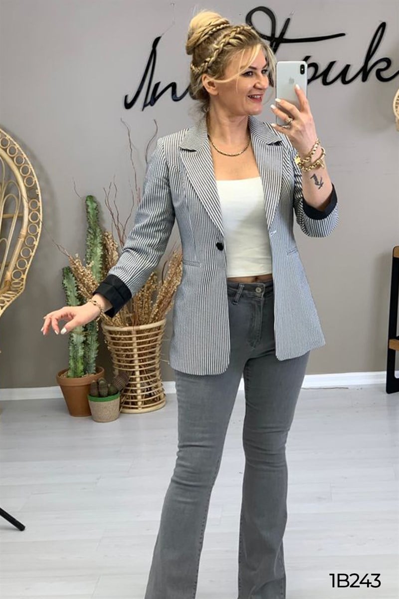 Blazer Çizgili Gofre Ceket