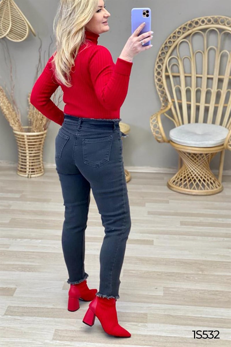 Boyfriend Beli Kemerli Likralı Kot Pantolon
