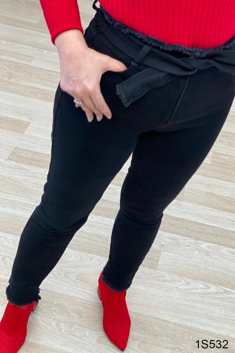 Boyfriend Beli Kemerli Likralı Kot Pantolon