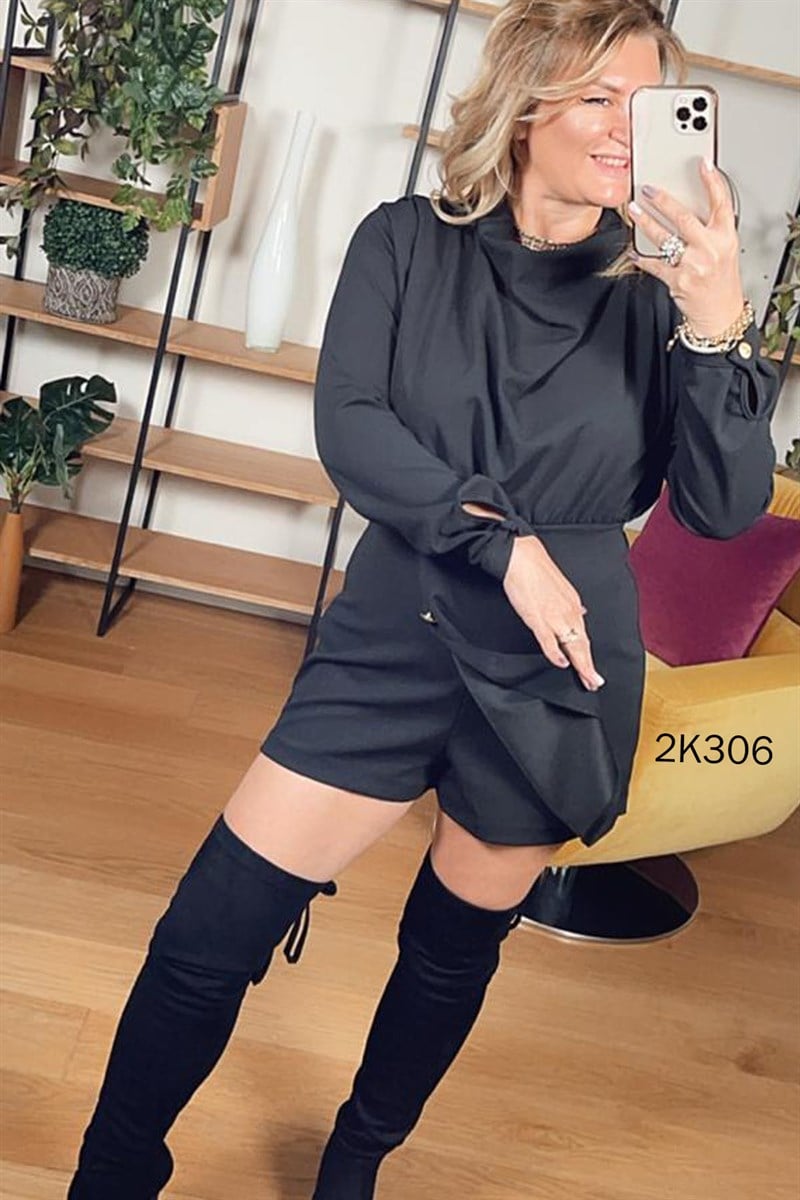 Degaje Yaka Pileli Şort Elbise