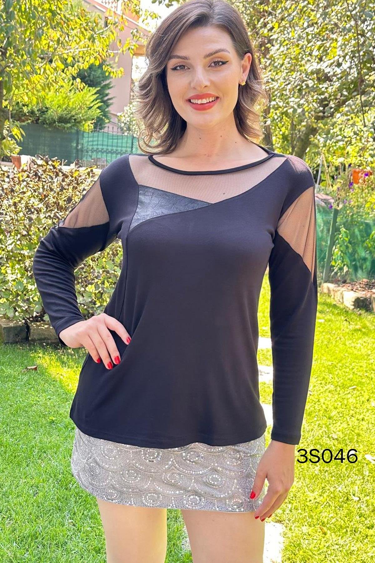 Deri Garnili Tül Detay Bluz