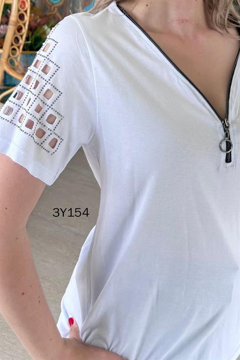 Fermuarlı Taş Detay Bluz