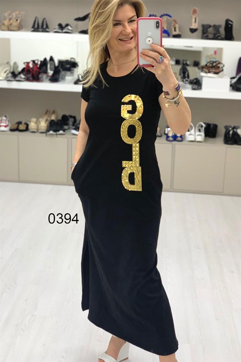 Gold- Taş Detaylı Elbise
