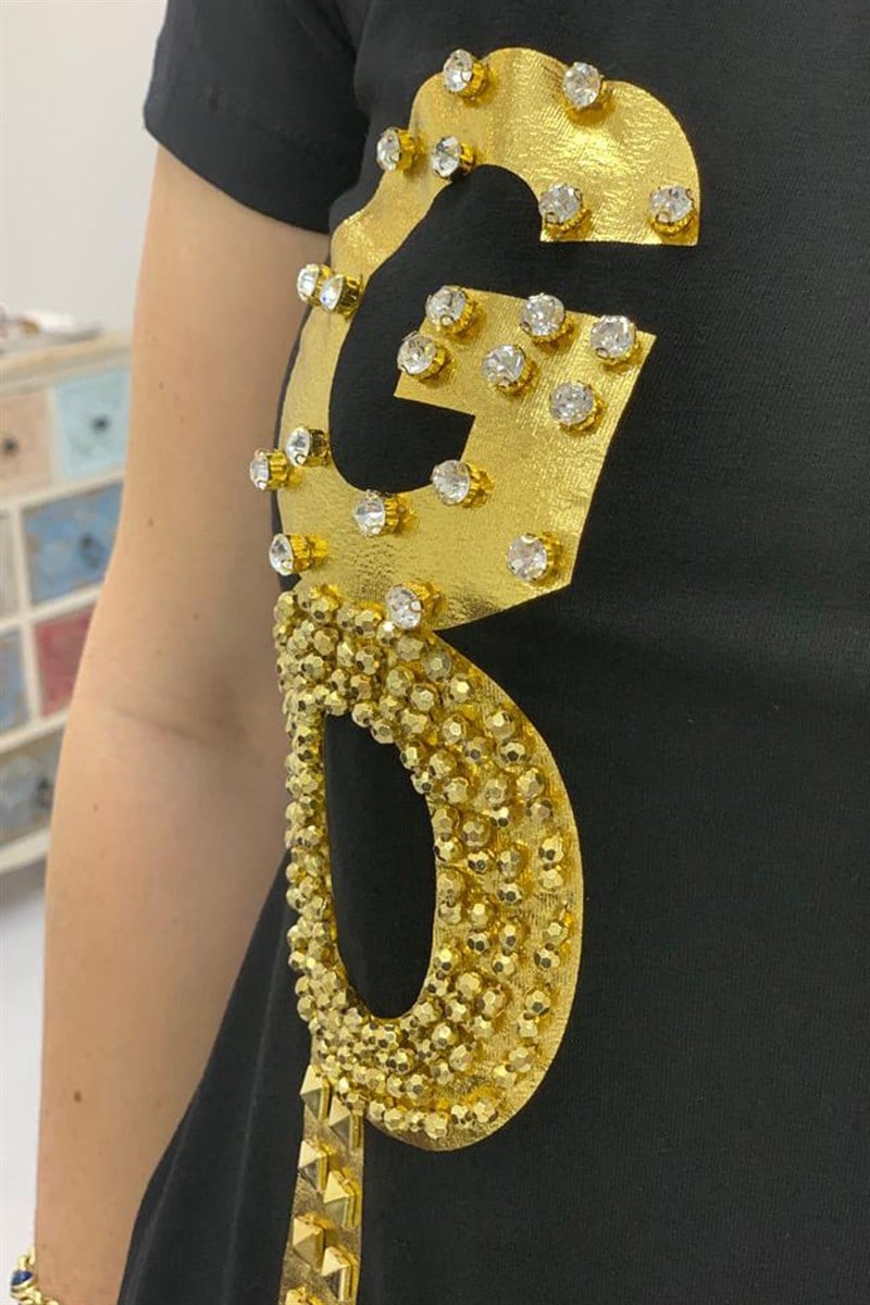 Gold- Taş Detaylı Elbise