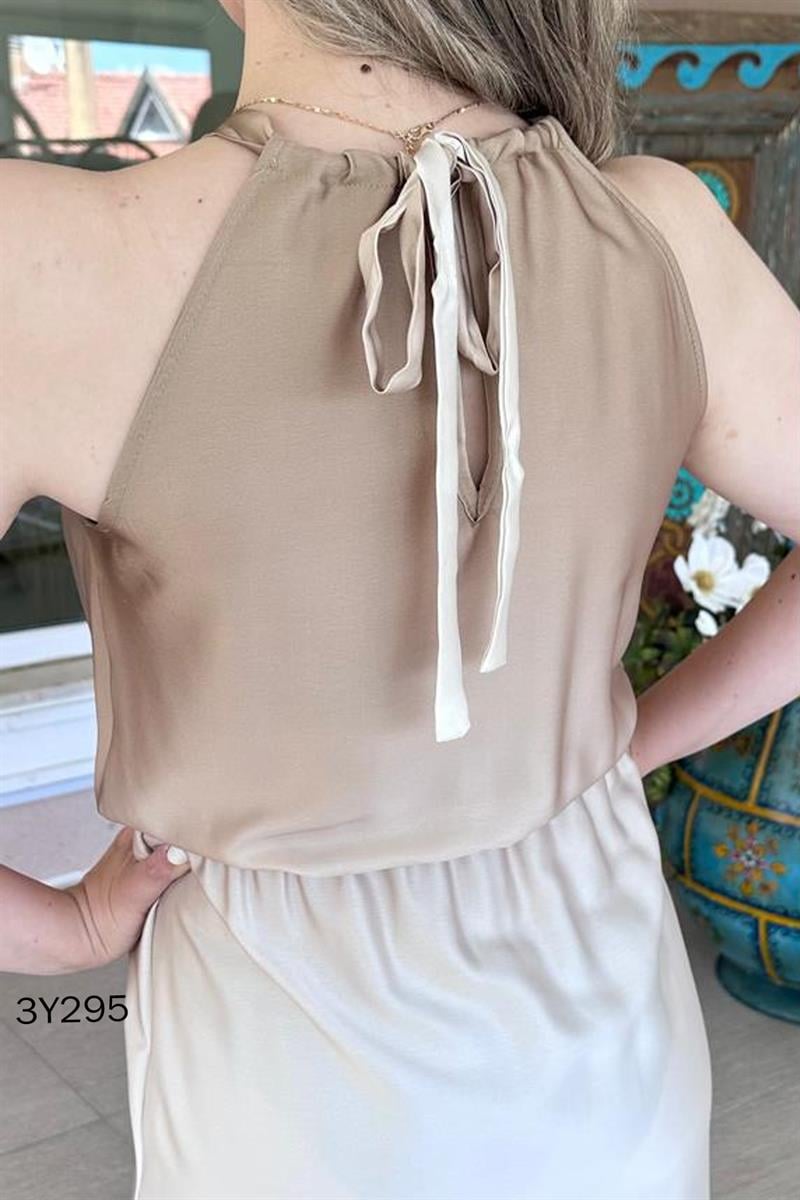 Halter Beli Lastikli Saten Elbise