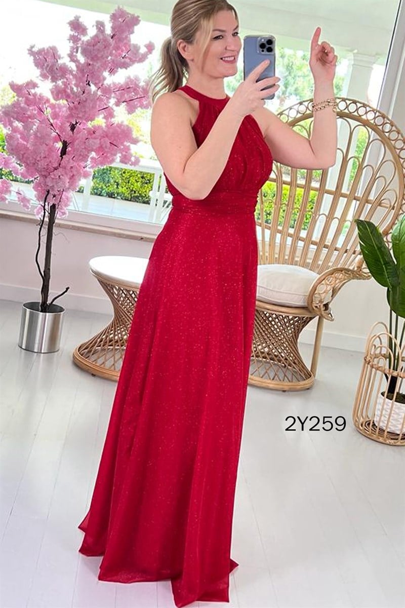 Halter Yaka Simli Uzun Elbise