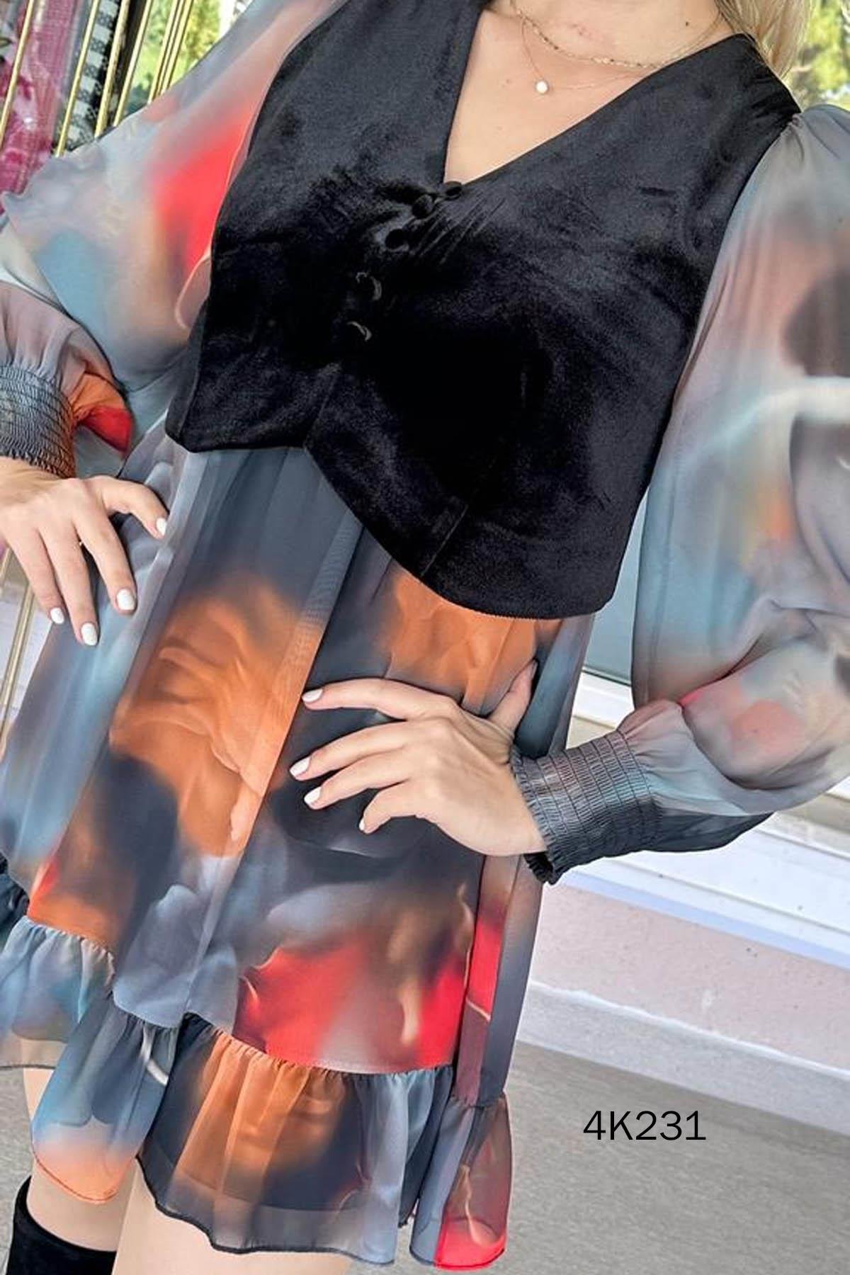 Kadife Yelekli Şifon Elbise