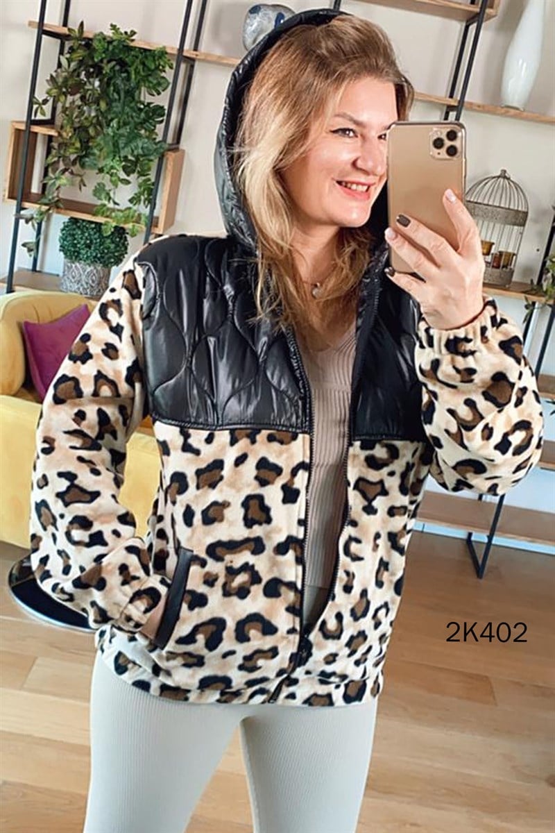 Kapitone Detay Leopar Desenli Mont