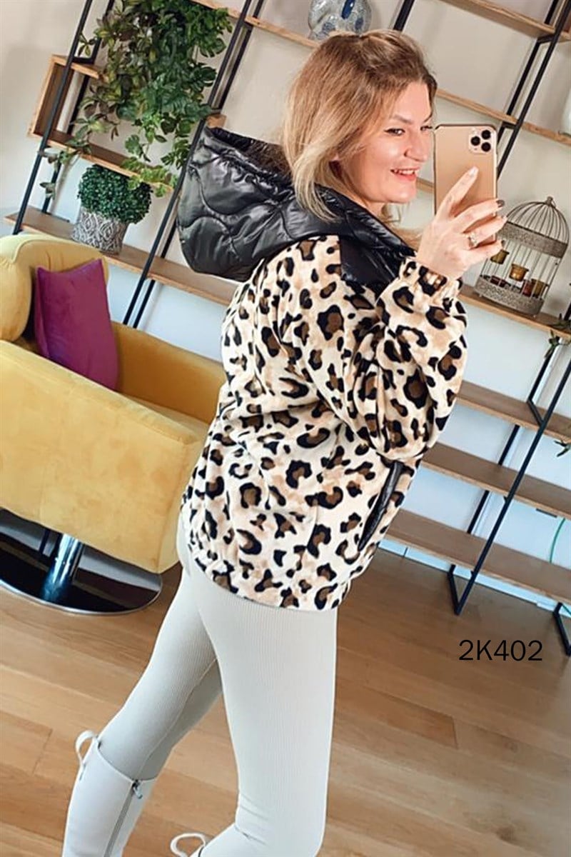 Kapitone Detay Leopar Desenli Mont