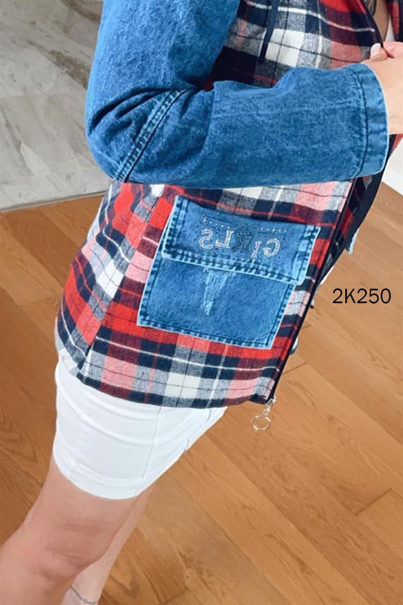 Kapşonlu Oduncu Garnili Kot Ceket