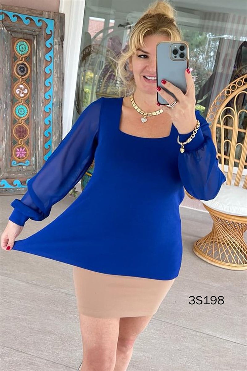 Kare Yaka Kolları Tül Triko Bluz