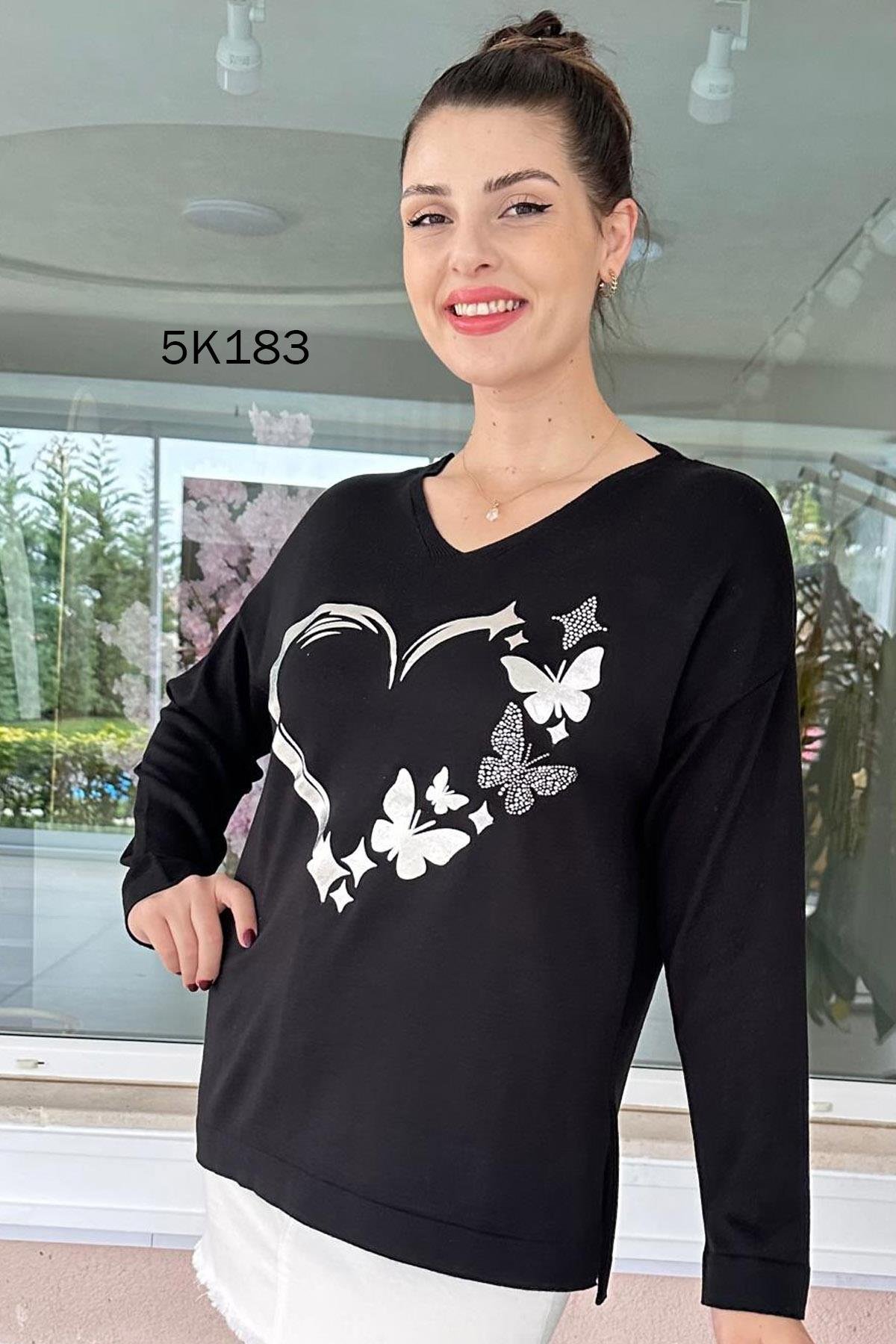 Kelebek Baskılı Triko Bluz