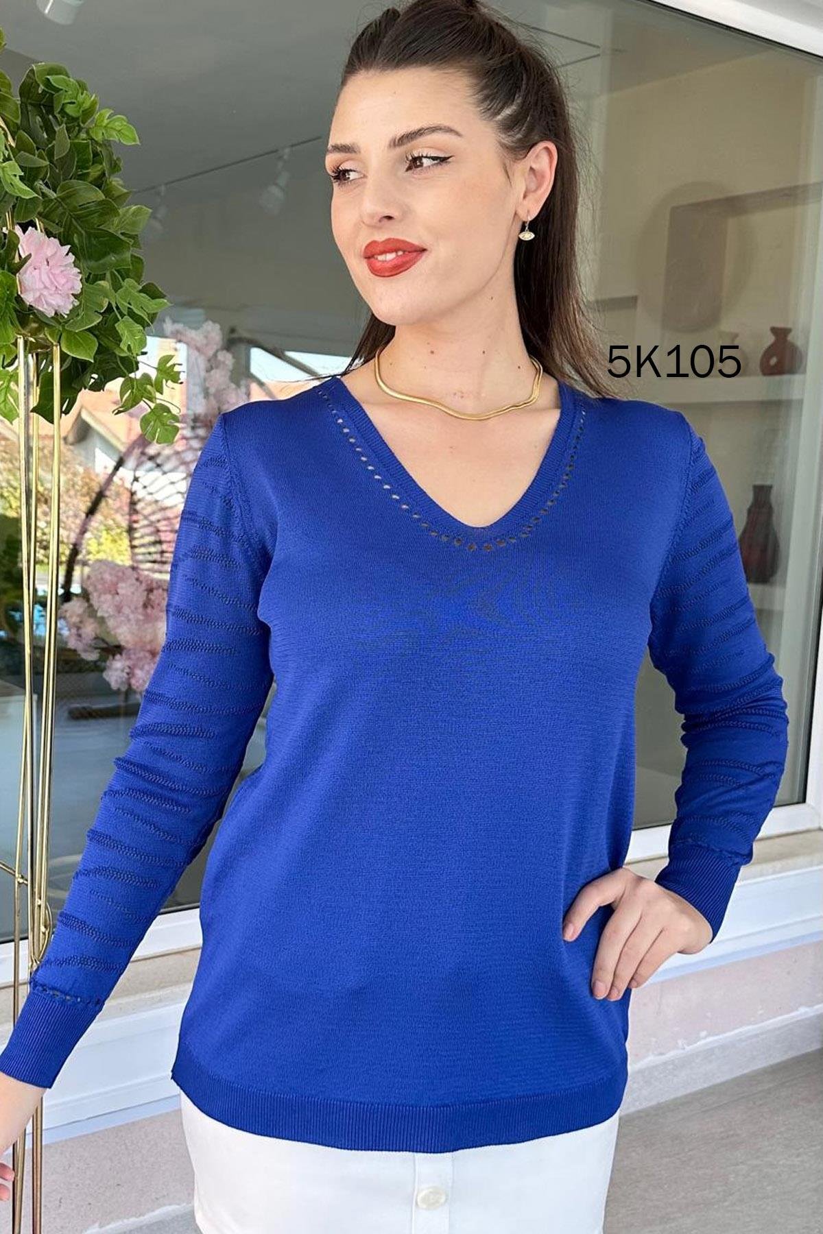 Kolları Desenli V Yaka Triko Bluz