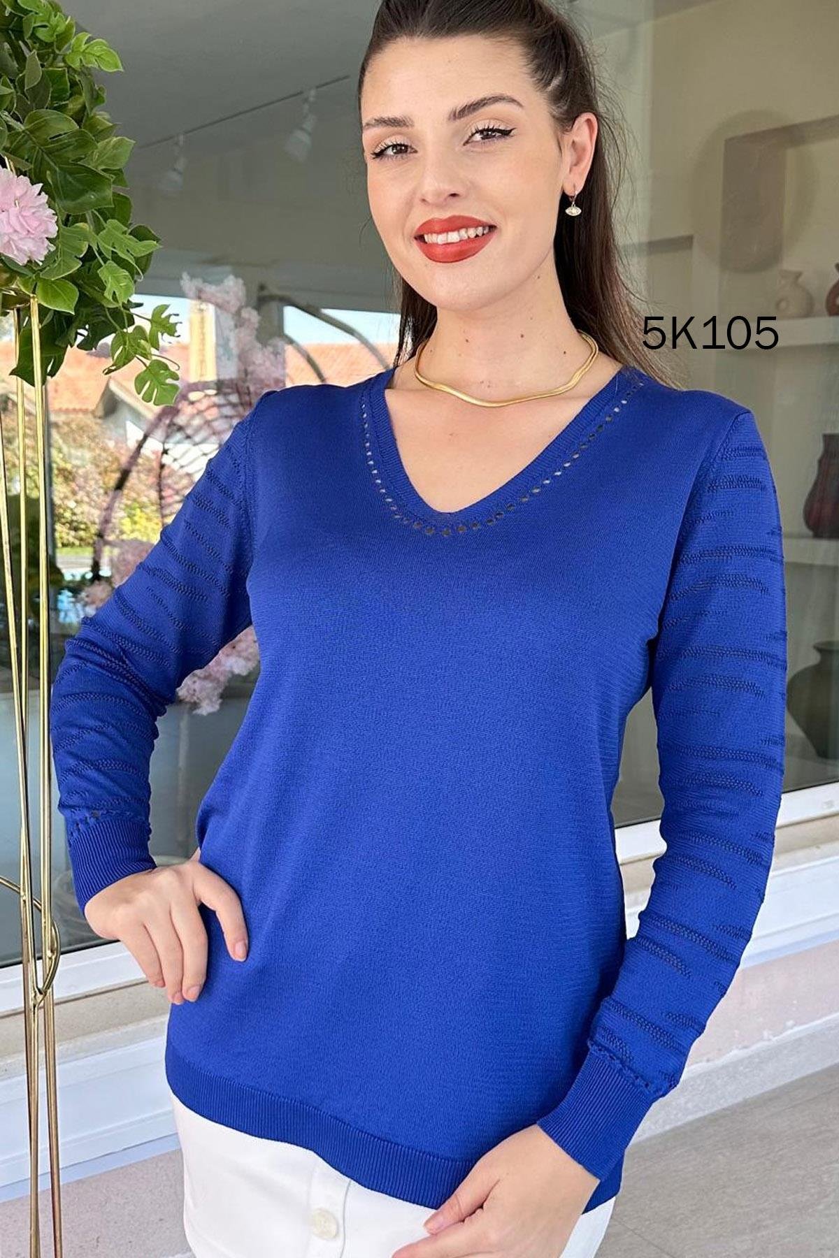 Kolları Desenli V Yaka Triko Bluz